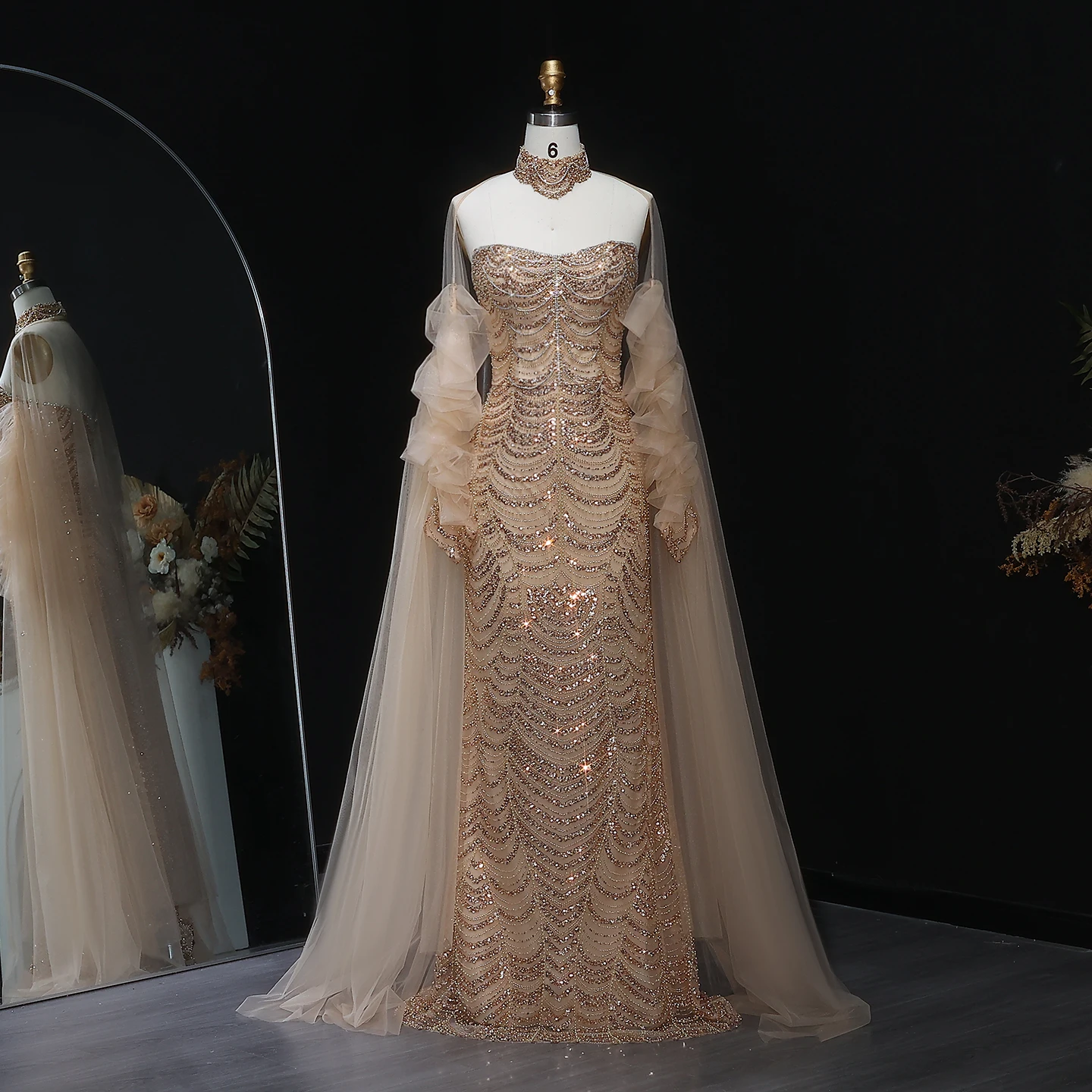 

Sharon Said Exquisite Beading Arabic Tassel Evening Dress with Tulle Sleeves for Stunning Wedding Party Gowns SS535 Customized