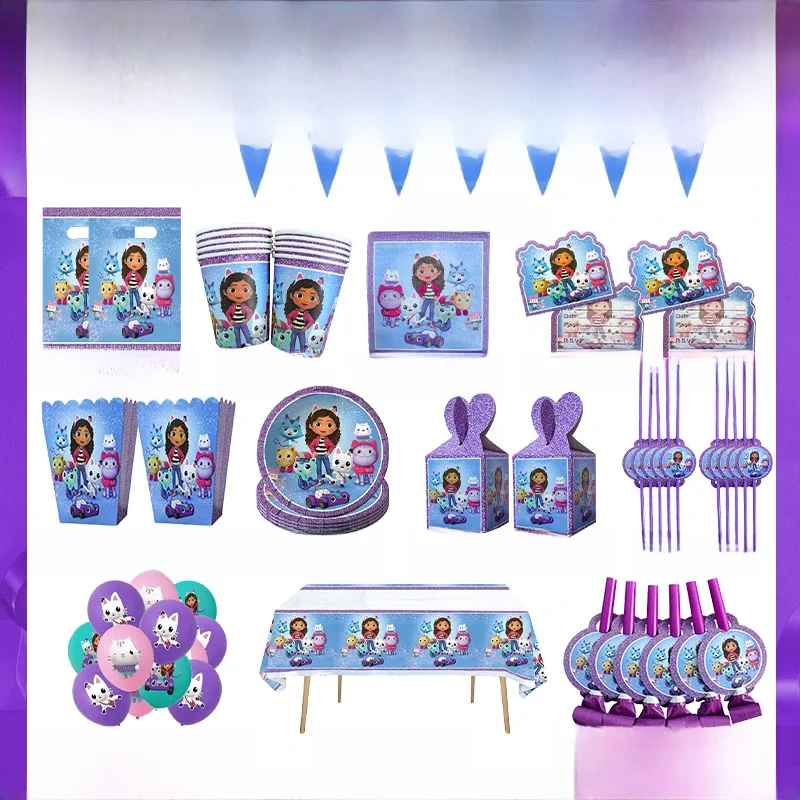 Gabby Dollhouse Birthday Party Decoration Set for Kids, Guardanapos de papel Pratos e copos,