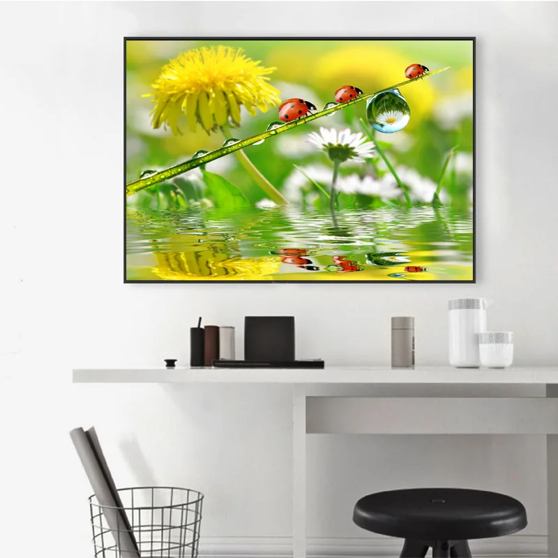 Nature Morning Dewy Ladybug Grass Animal Canvas and Painting Posters and Prints Wall Art Pictures for Living Room Decor No Frame