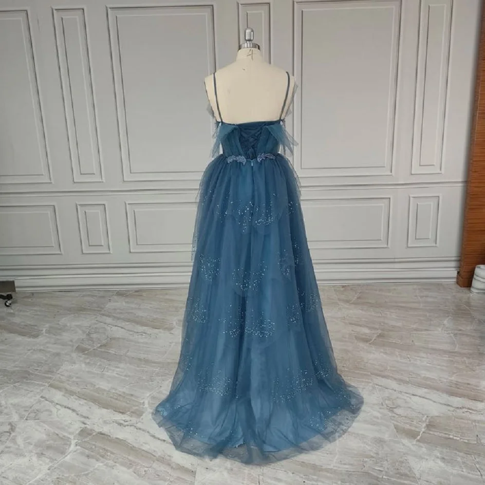 Sparkly Dark Blue Tulle Beaded Prom Dresses Spaghetti Straps Tiered Skirt Modern Shiny Evening Gowns Party Bride Wear Formal