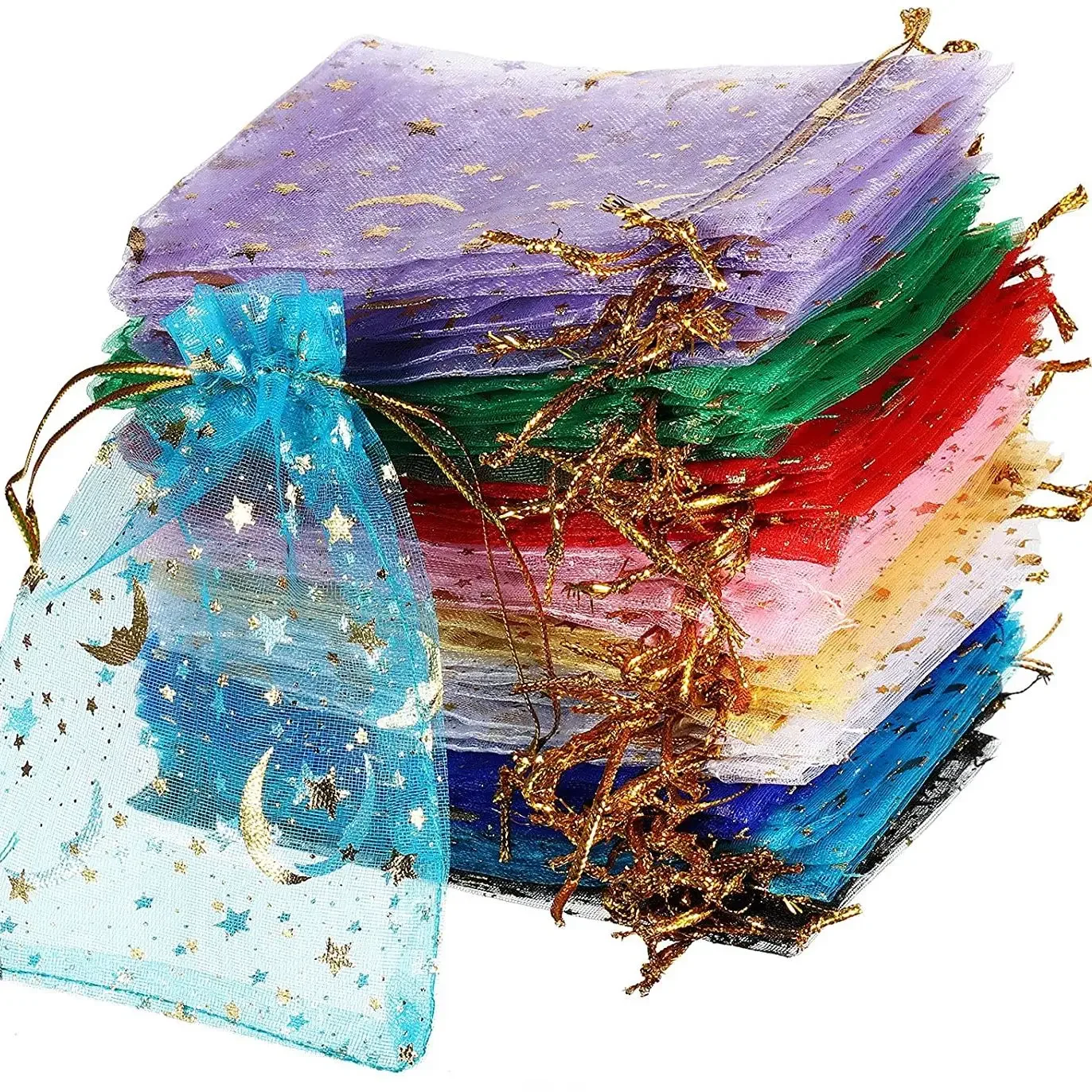 50 sztuk/partia 7x9 9x12 11x16 13x18cm drukowanie gwiazda księżyc boże narodzenie Organza worek sznurek urok torby do pakowania codzienna biżuteria — zdjęcie 2