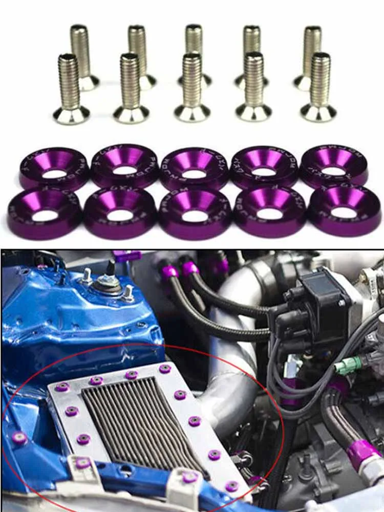 Universally 10pc Purple Car Modified Hex Fasteners Fender Washer Bumper Engine Concave Screws Aluminum Fender Washers and Bolt