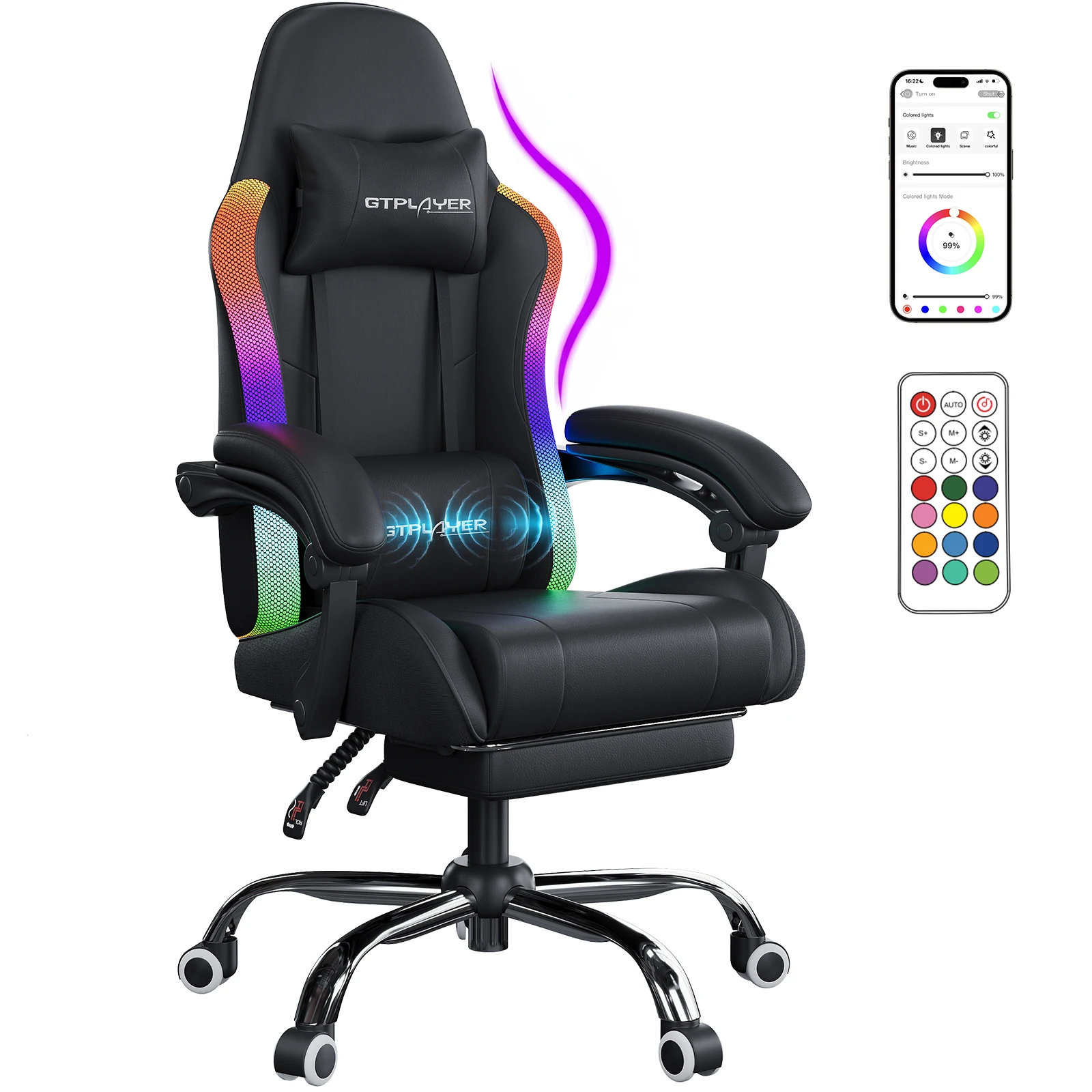 GTPLAYER Gaming Stuhl, Bürostuhl, Gaming Chair mit LED Lichtleiste und Massgefunktion, Gamer Stuhl, Rückenlehne mit Aufbewahrungstasche Ergonomischer PC Stuhl mit Fernbedienung