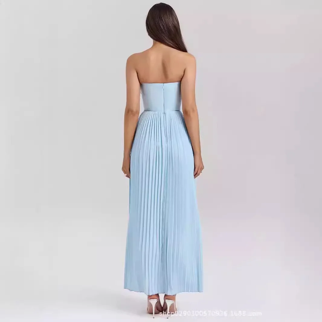 COCOTHIA Slash Neck Strapless Chest Wrap Sleeveless Backless Zipper Pleated Slim Maxi Dress Summer New Arrivals Sweet Vestidos