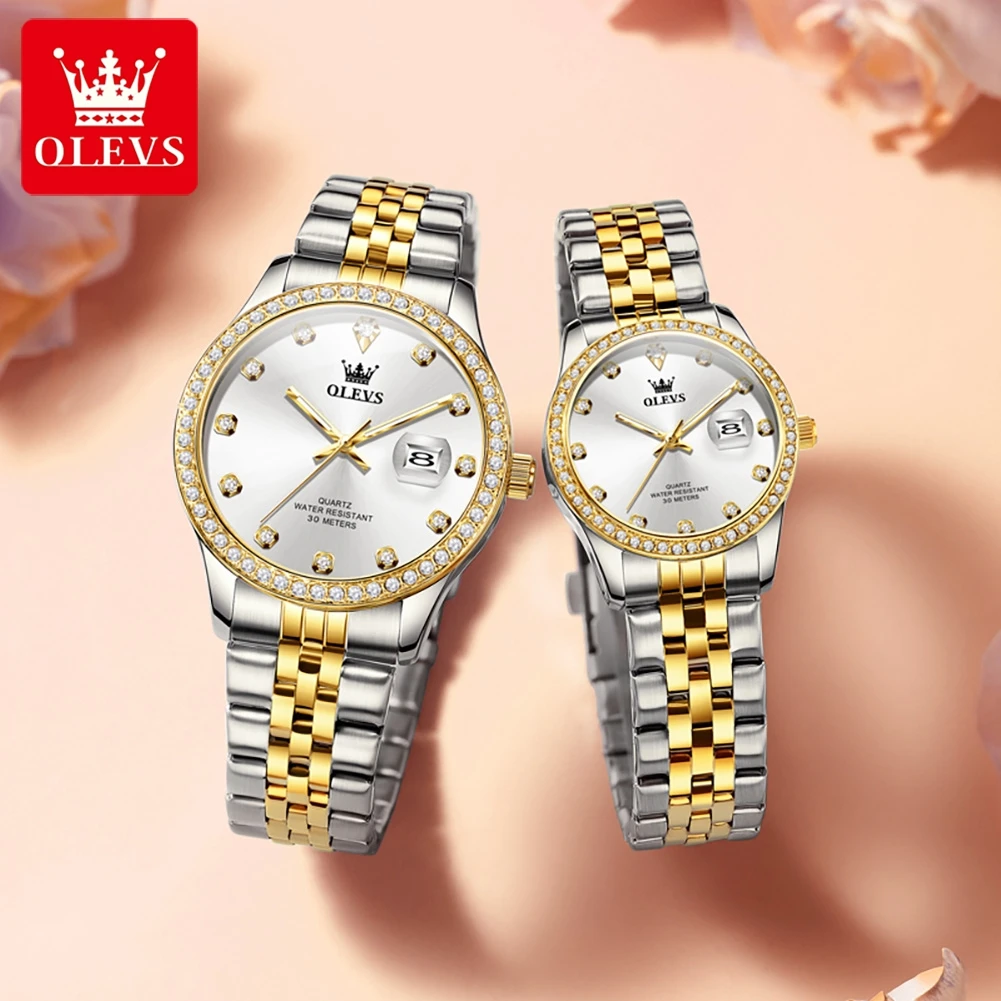 OLEVS 3629 مجموعة ساعات كوارتز فاخرة للزوجين مقاومة للماء ساعة يد مضيئة للتاريخ Reloj هدايا للأزواج