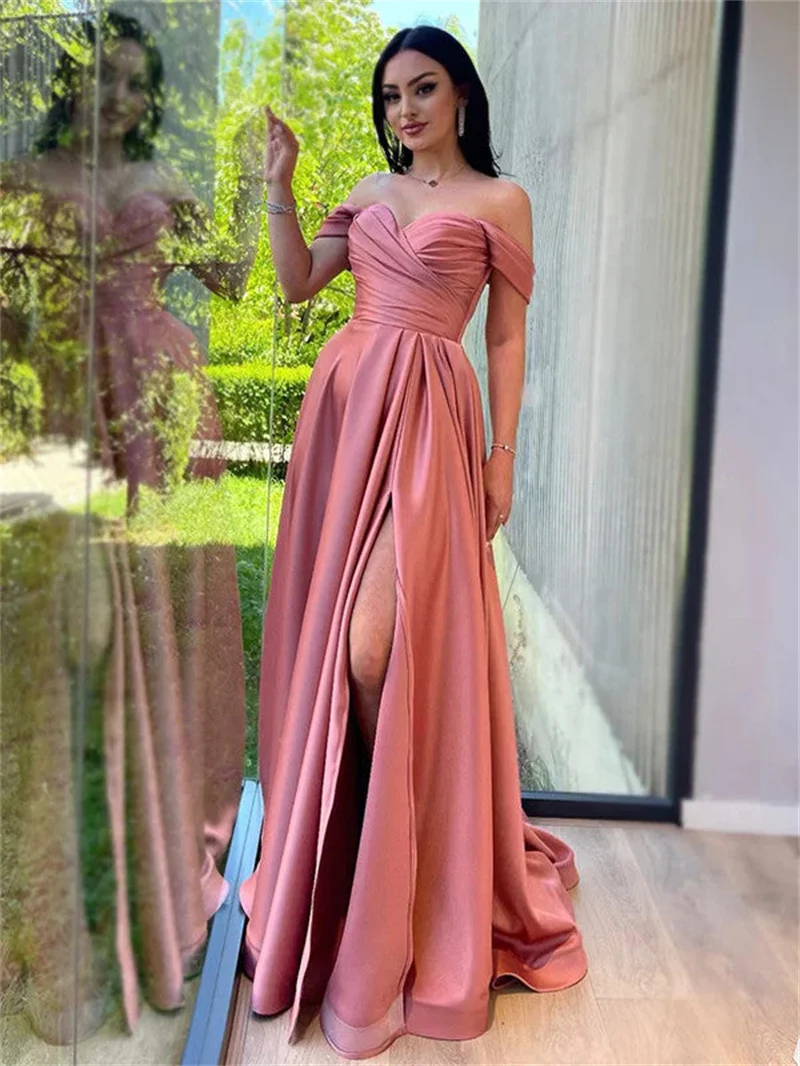 Schulter freie Satin Ballkleider mit geteiltem Schatz Brautjungfer kleid elegantes A-Linie formelles Abendkleid für Hochzeits feier