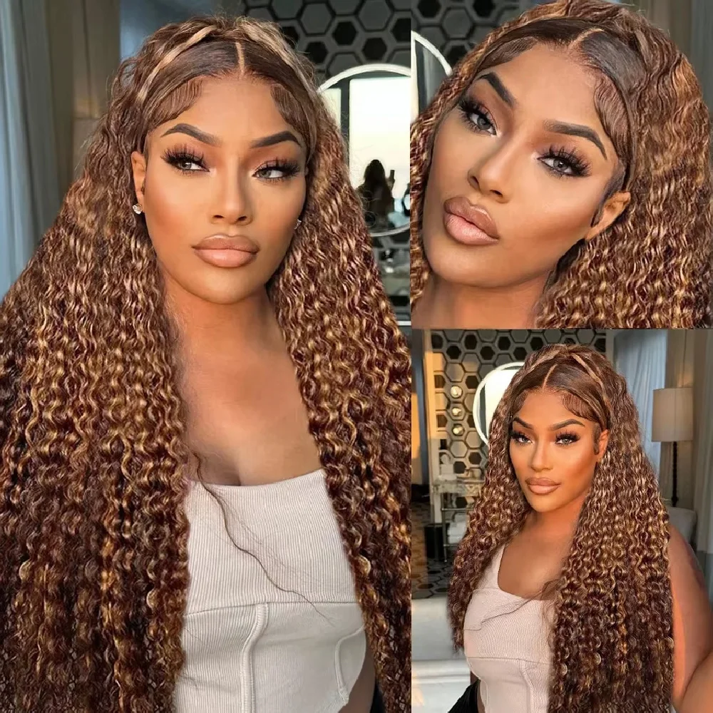 13x4 تسليط الضوء على موجة عميقة الدانتيل الجبهة الباروكات شعر الإنسان 250% الكثافة شعر بشري مجعد عميق شعر مستعار قبل قطعها P4/27 أومبير الباروكات الأمامية