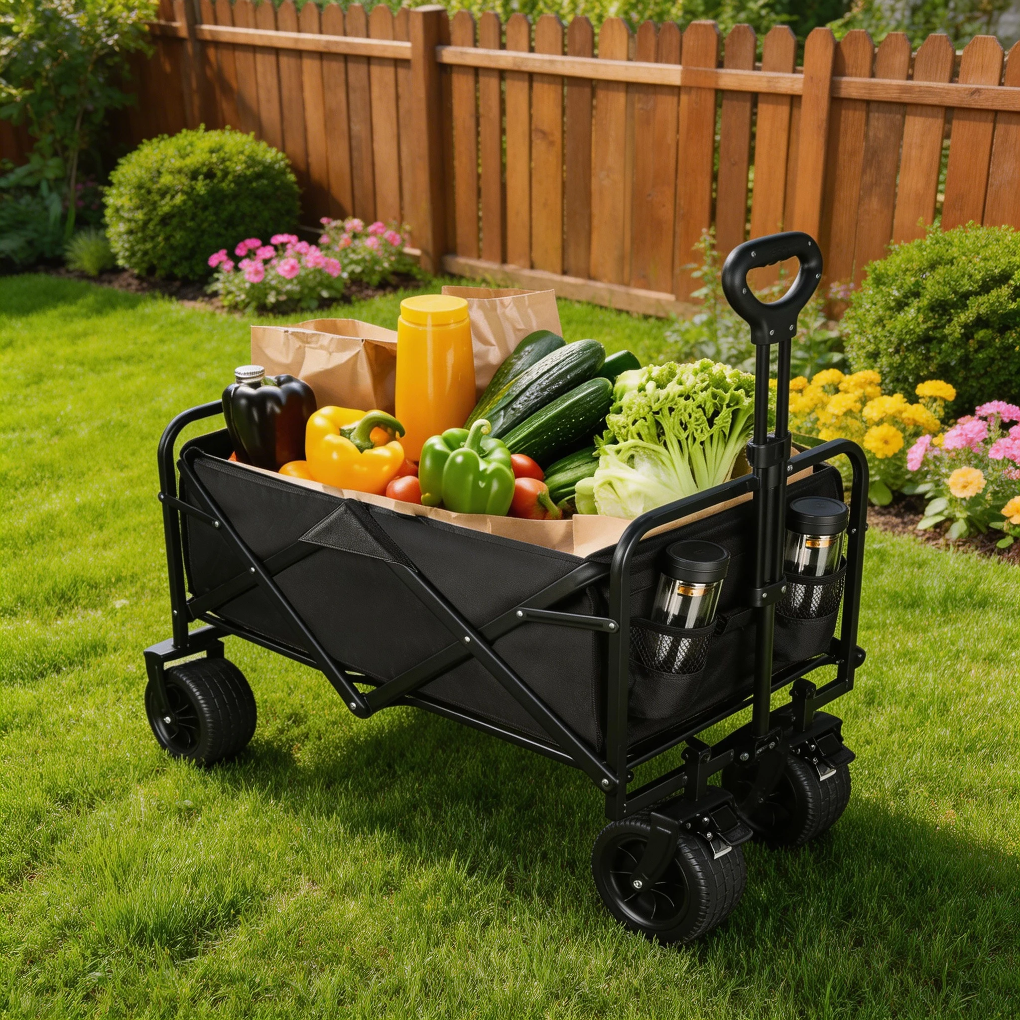 Carrito de playa resistente con ruedas de 7 pulgadas, carrito de camping, carrito de compras, mango retráctil, impermeable, tela Oxford 600D, soporta hasta 150 kg