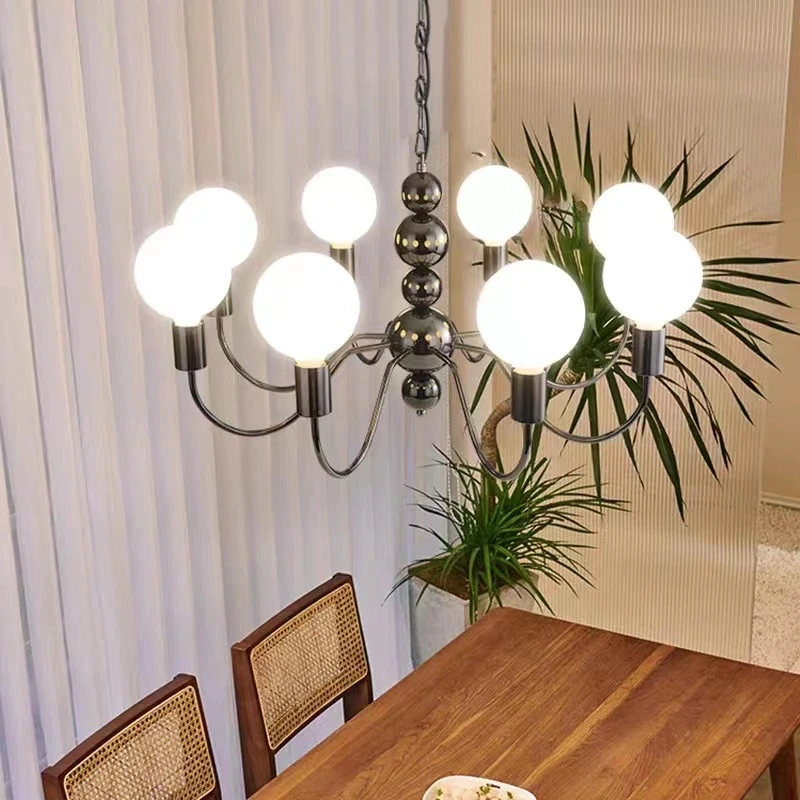 Vintage Simple Pearl Black Carbon Steel 8 Head E27 Chandelier Dining Room Bedroom Warm White Dimmable Lighting Fixture