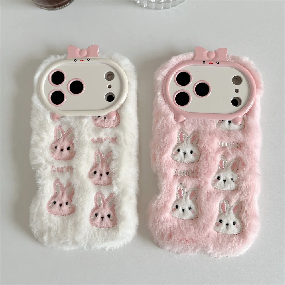 

Warm plush embroidered rabbit phone case for iPhone 17 Pro 15 13 12 11 14 Pro Max 16 Protective Cover Cases Funda 16Pro Fundas