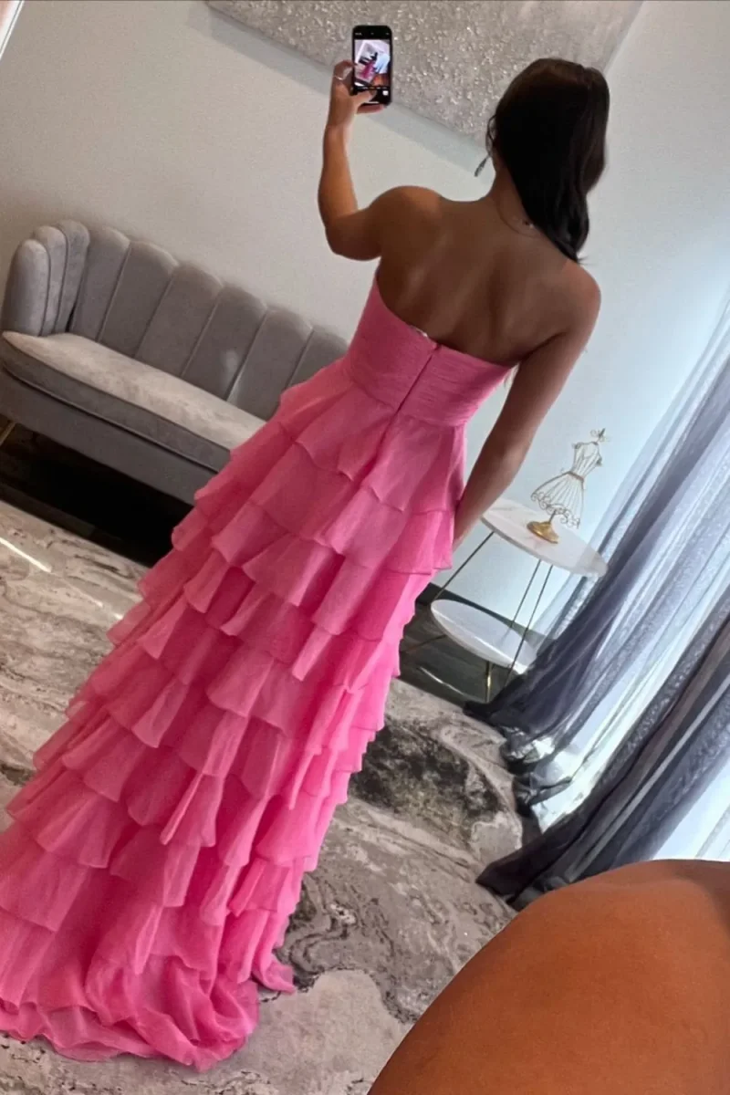 Jessica Sweet Pink Abiti da sera Abiti da ballo multistrato in chiffon plissettato Abiti da festa di nozze da donna con spacco laterale personalizzati