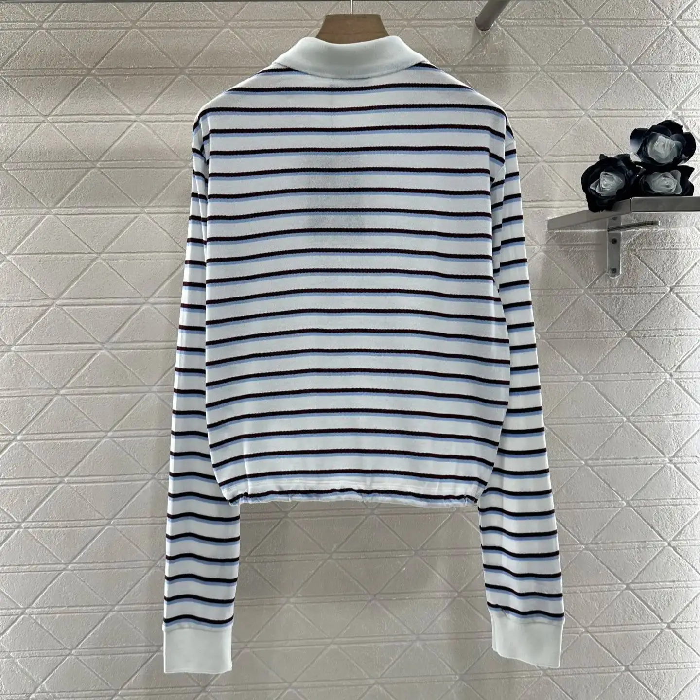 

2025 New Products on the Shelves Lapel Striped Long Sleeve Top Zhudi Cotton Material Polo Long Sleeve Cut Button Half Placket