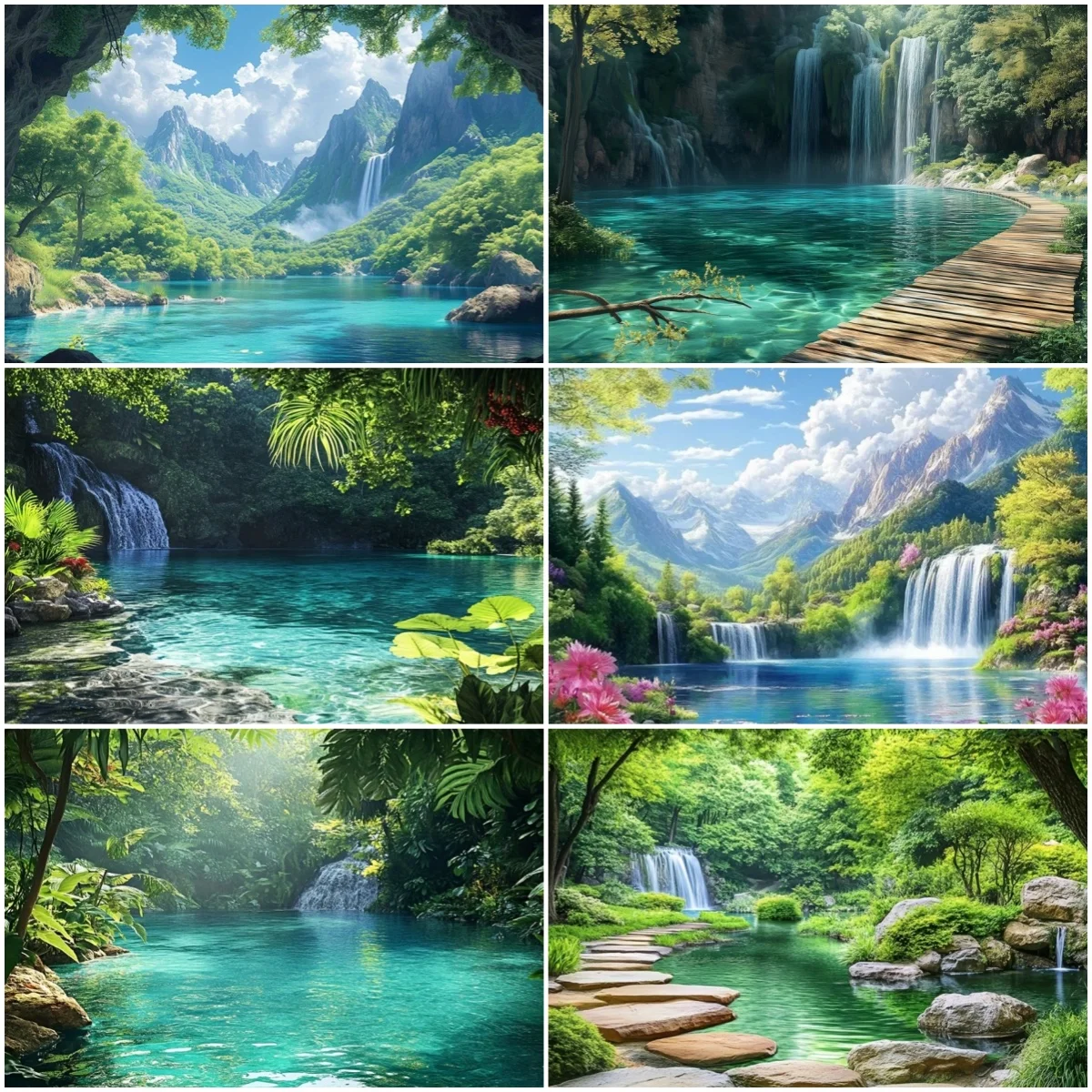 

Summer Natural Scenery Waterfall Mountain Backdrop Forest Flower River Landscape Home Party Baby Shower Photography Studio Props