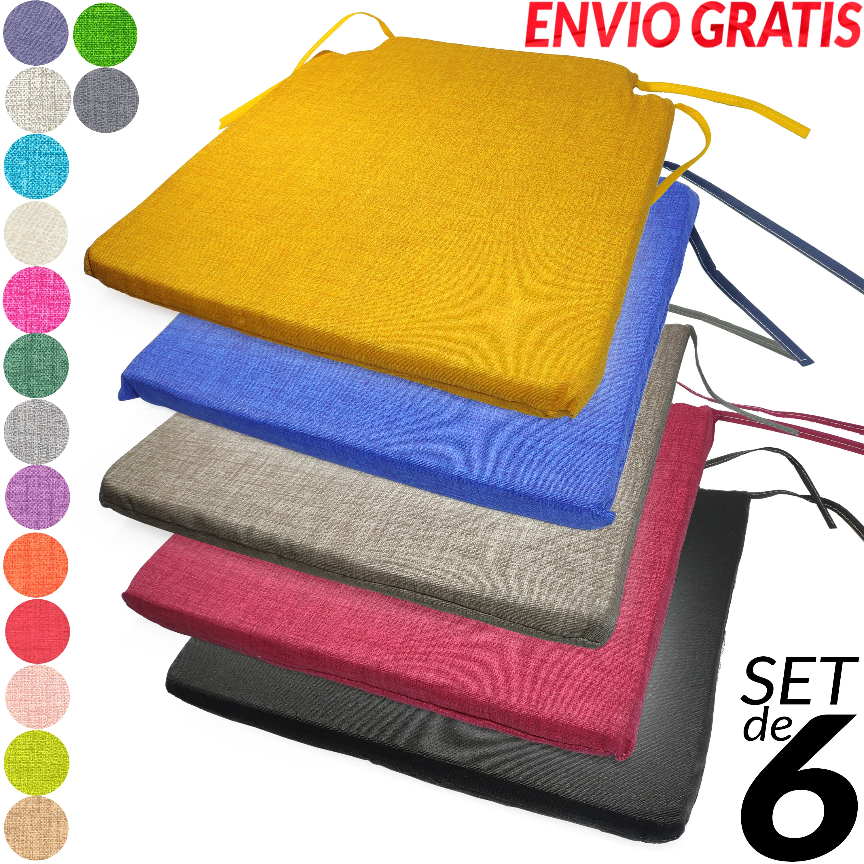 Set of 6 chair cushions armchairs sofa restaurant kitchen dining room garden living room UNIVERSAL rope for holding and mooring 40x40 colors black Brown orange green gray Beige fuchsia red Blue lilac cream and more