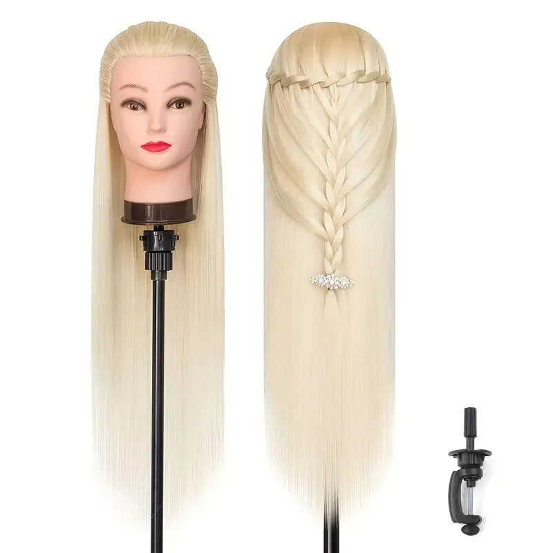 Mannequin hoofdmodel met lang synthetisch haar, oefenpop hoofd styling kapper trainingshoofd, poppenhoofd voor vlechtpraktijk