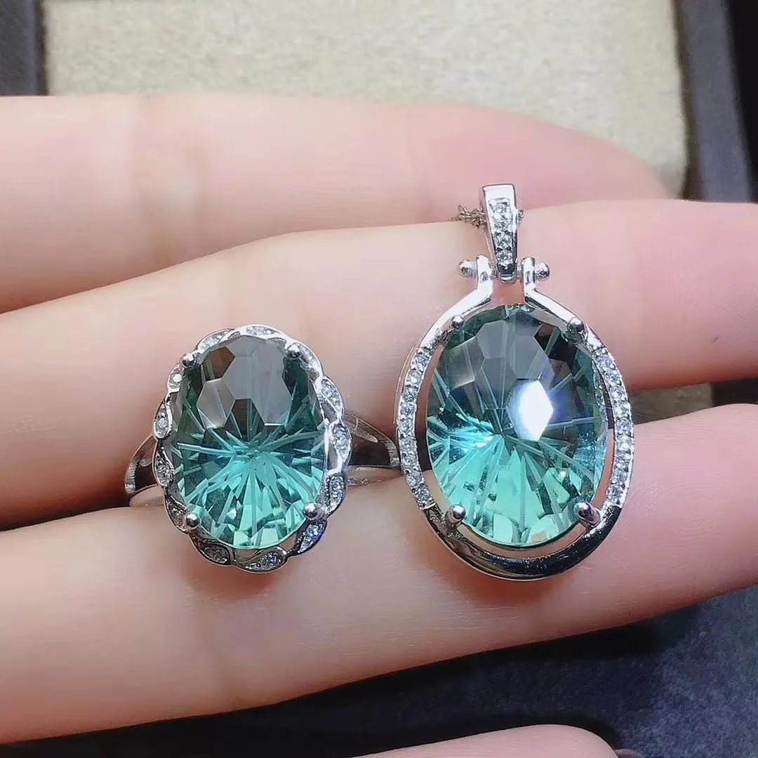 

KJJEAXCMY Boutique Jewelry 925 Pure Silver Natural Green Crystal 12x16mm Gemstone Women's Event Pendant Ring Set Plated Platinum