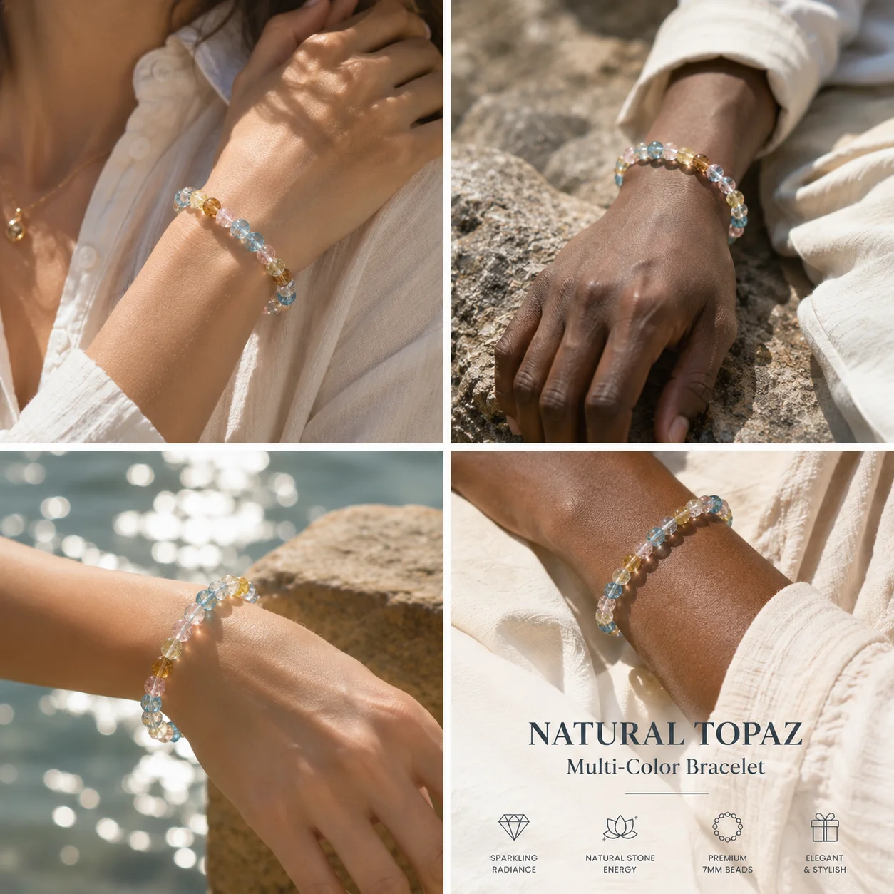 Natural Multi-Color Topaz Bracelet 7mm Crystal Beaded Stretch Bracelet for Women Men Unisex Gemstone Jewelry Gift