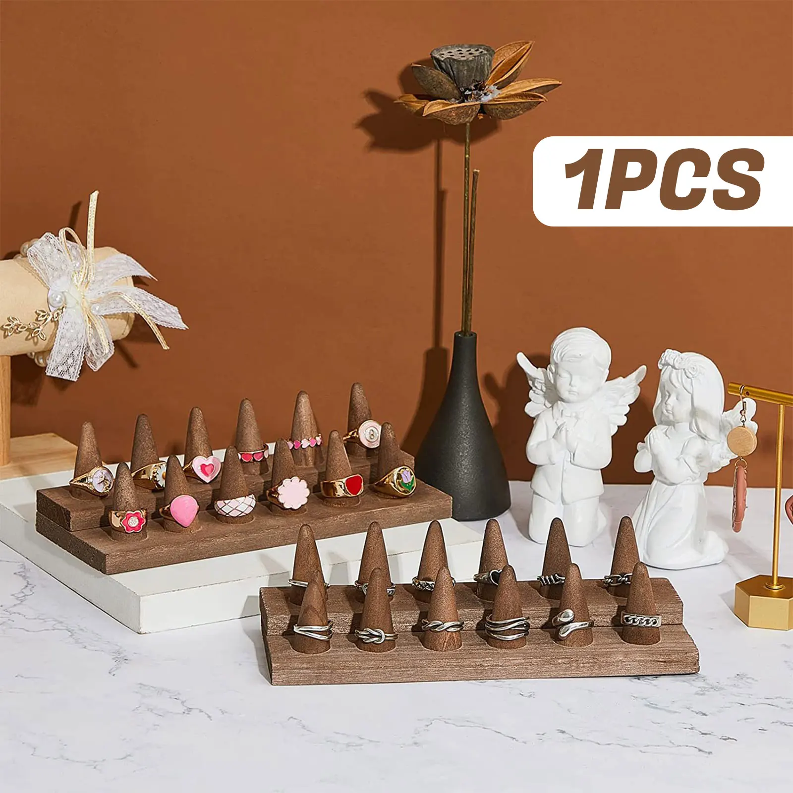 

Wooden Finger Ring Display Stand Holder Compact Jewelry Showcase for Store Countertop Engagement Ring Storage Organizer Box