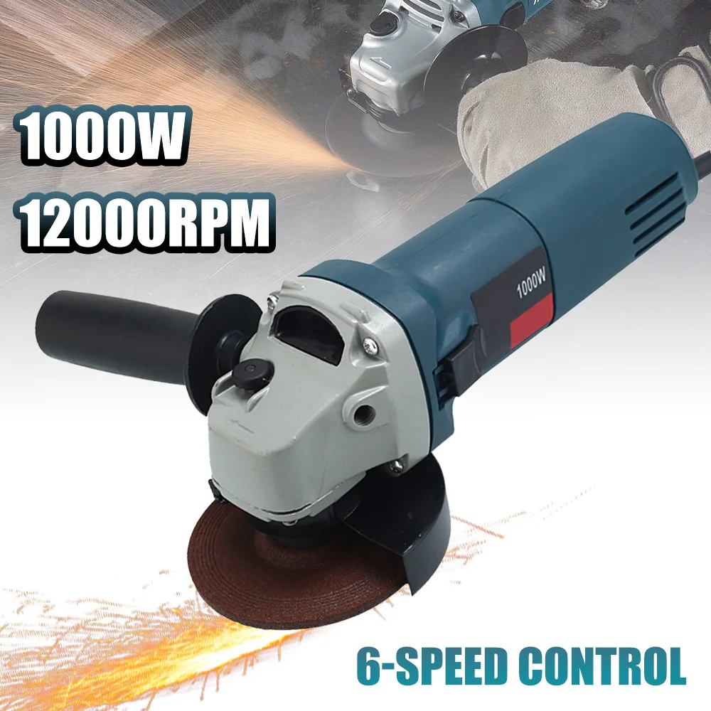Szlifierka kątowa 1000W, 6-biegowa, 125mm, 12000 obr./min, aluminiowa skrzynia biegów, regulacja osłony bez użycia narzędzi, 2-pozycyjny antywibracyjny uchwyt boczny do szlifowania/tnącia