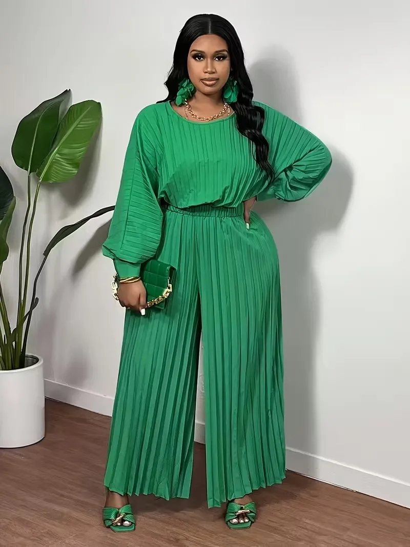 ชุดเซ็ตสองชิ้น เสื้อแขนยาวสีพื้นทรงหลวมสำหรับผู้หญิง กางเกงขายาวทรงกว้างจีบ