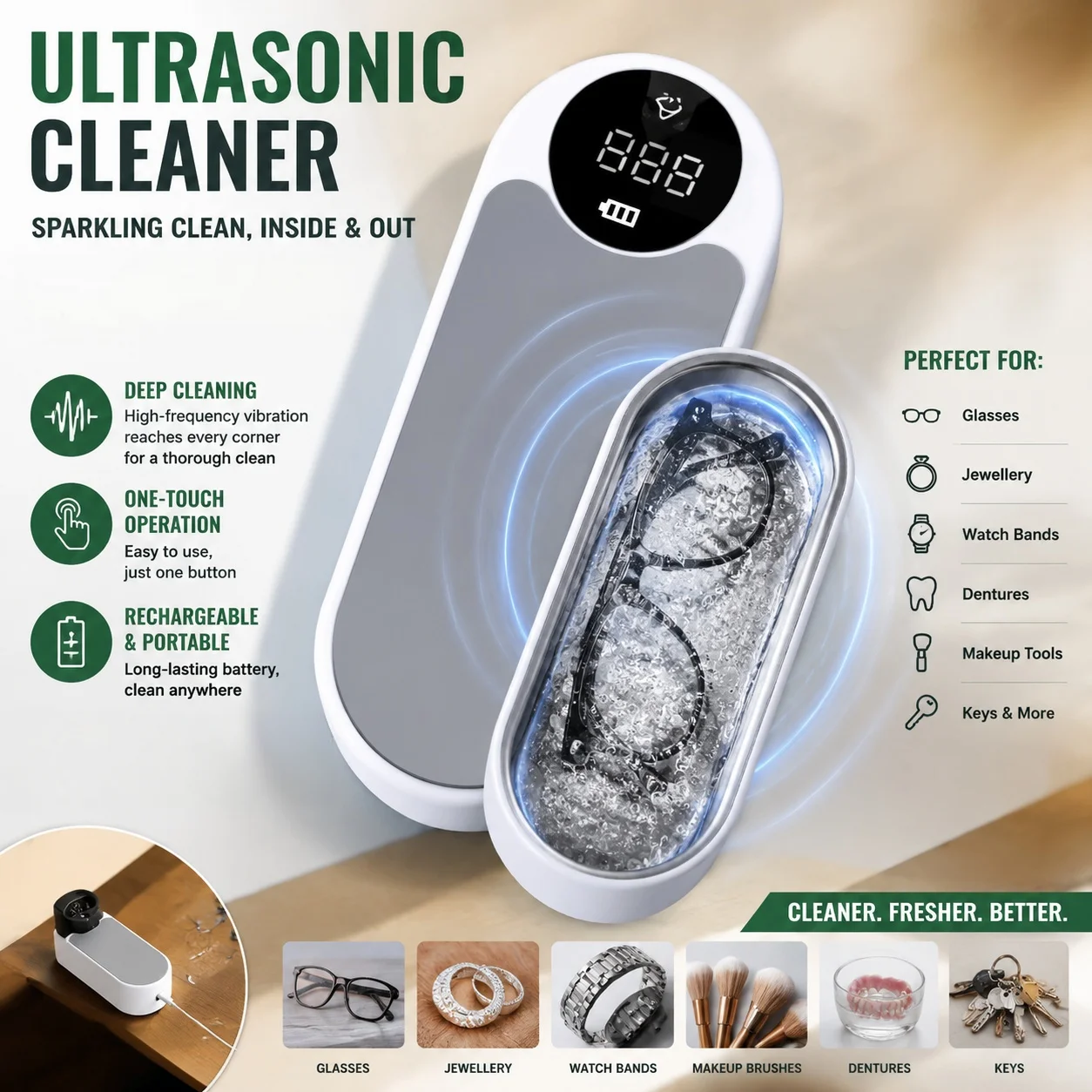 Tragbare, wiederaufladbare Ultraschall-Reinigungsmaschine mit digitaler Anzeige für den Haushalt, geeignet für Brillen, Schmuck, Uhrenarmbänder, Zahnprothesen, Make-up-Utensilien, Schlüssel und andere