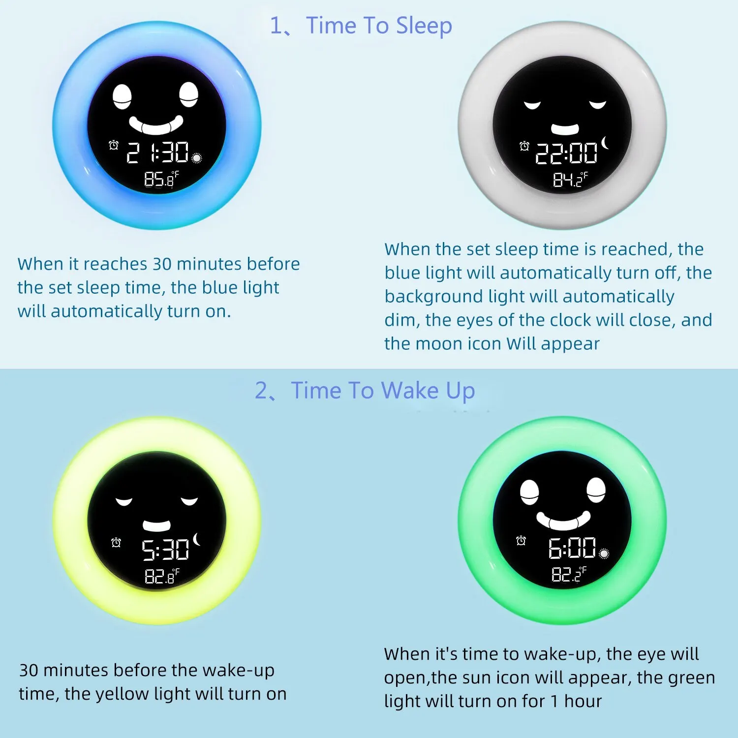 Kids Child Alarm Clock Sleep Training Clock Colorful Night Light Digital Wake Up Clock with Temperature NAP Timer for Bedroom