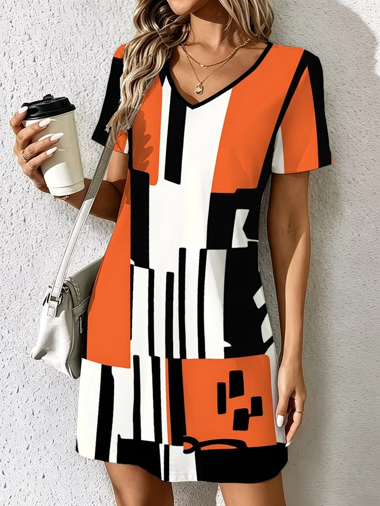 

Ladies Summer V-Neck Short Sleeve Casual Dress Fashion Colorful Geometric Print Dress Elegant Women's Clothing
