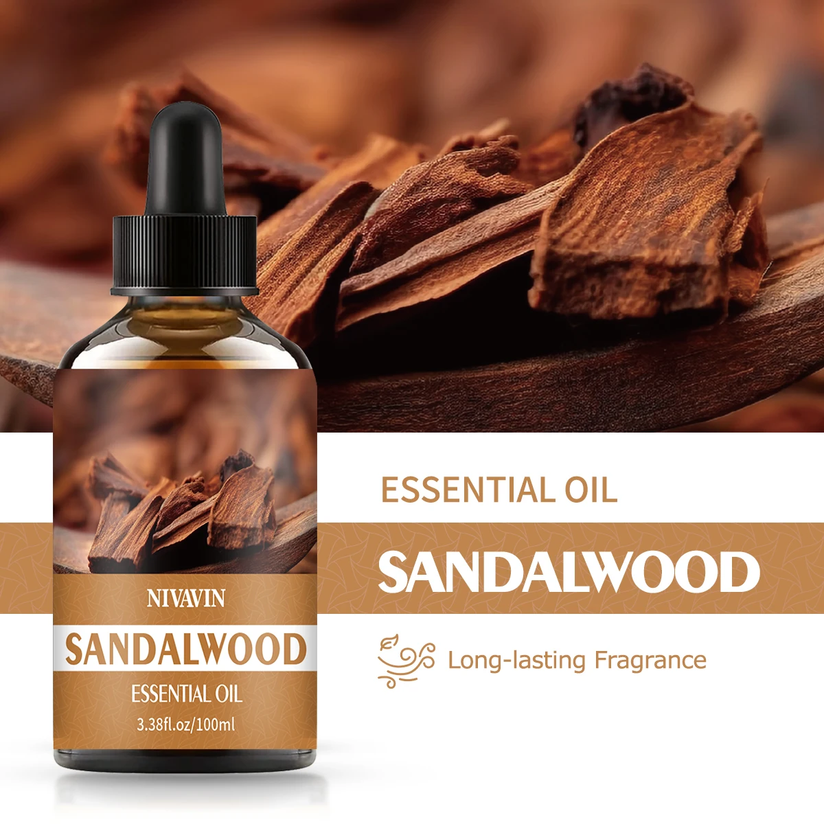 NIVAVIN Sandalwood Essential Oil 30ml/60ml/100ml, 100% pure natural plant extracts, suitable for home use.