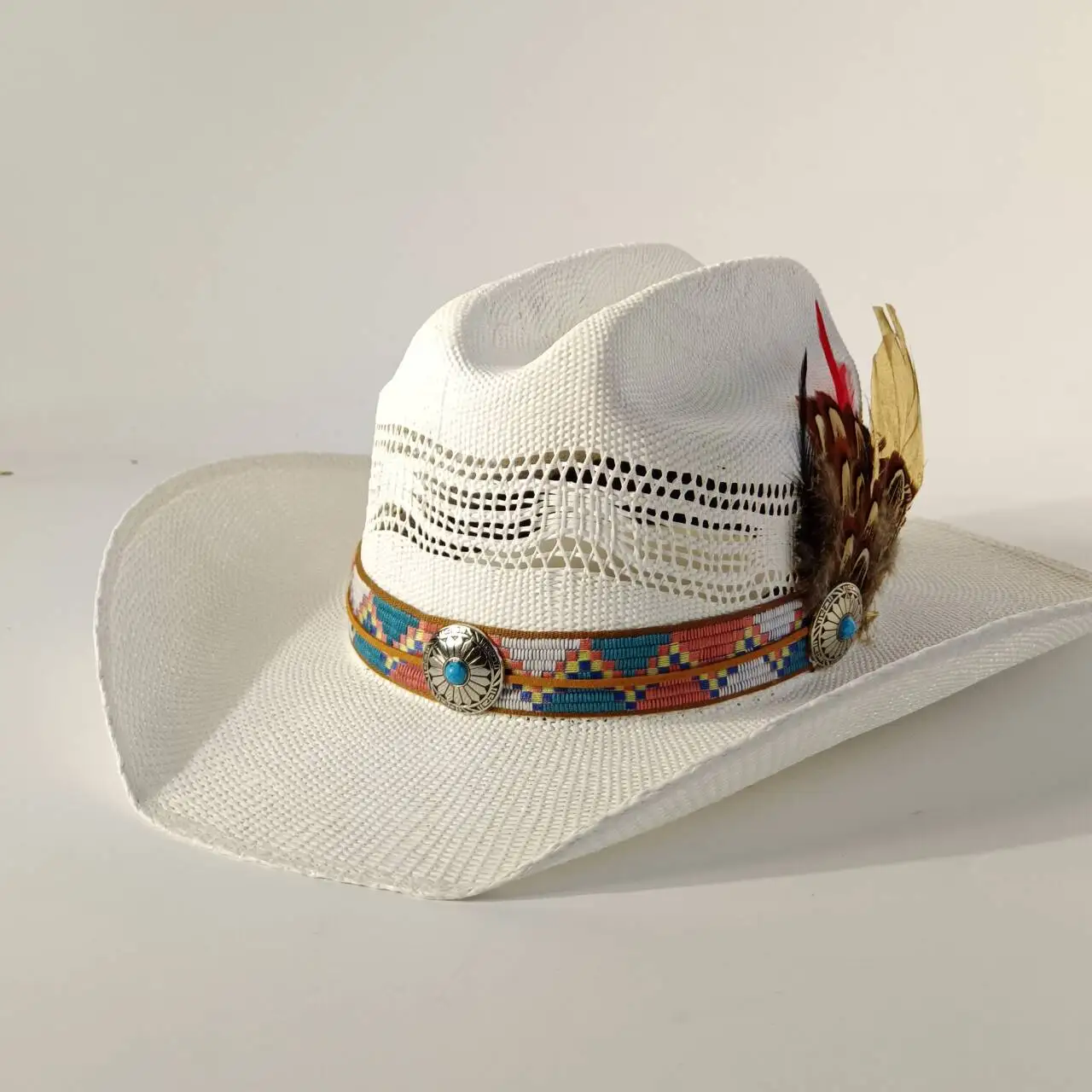 Unisex Western Wool Felt Cowboy Hat 57cm Turquoise Stone Decor Embossed Leather Band Vintage Boho Outdoor Sun Hatcowboy　kapelusz