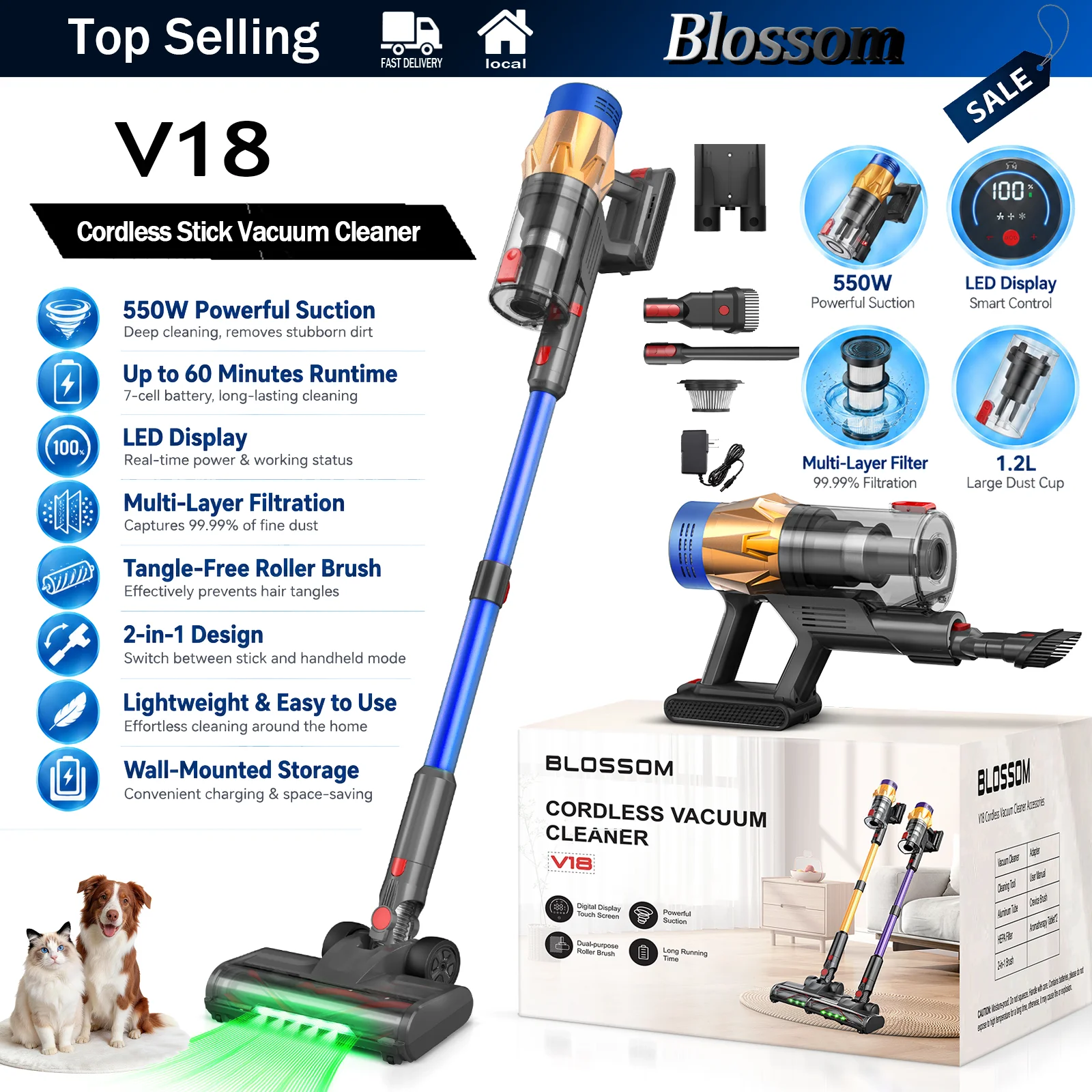 Aspirateur Balai Sans Fil Blossom V18 600W 50KPa Forte Aspiration 65 Min Batterie Amovible Écran Tactile Support Mural Filtre HEPA pour Poils d'Animaux Tapis Sol Dur Maison