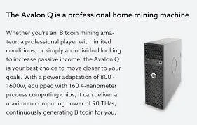 

Stock Canaan Avalon Q 90Th/s 1674W Bitcoin ASIC Miner | Supports BTC/BCH/BSV SHA-256 Mining Hardware Low Noise Energy Efficient