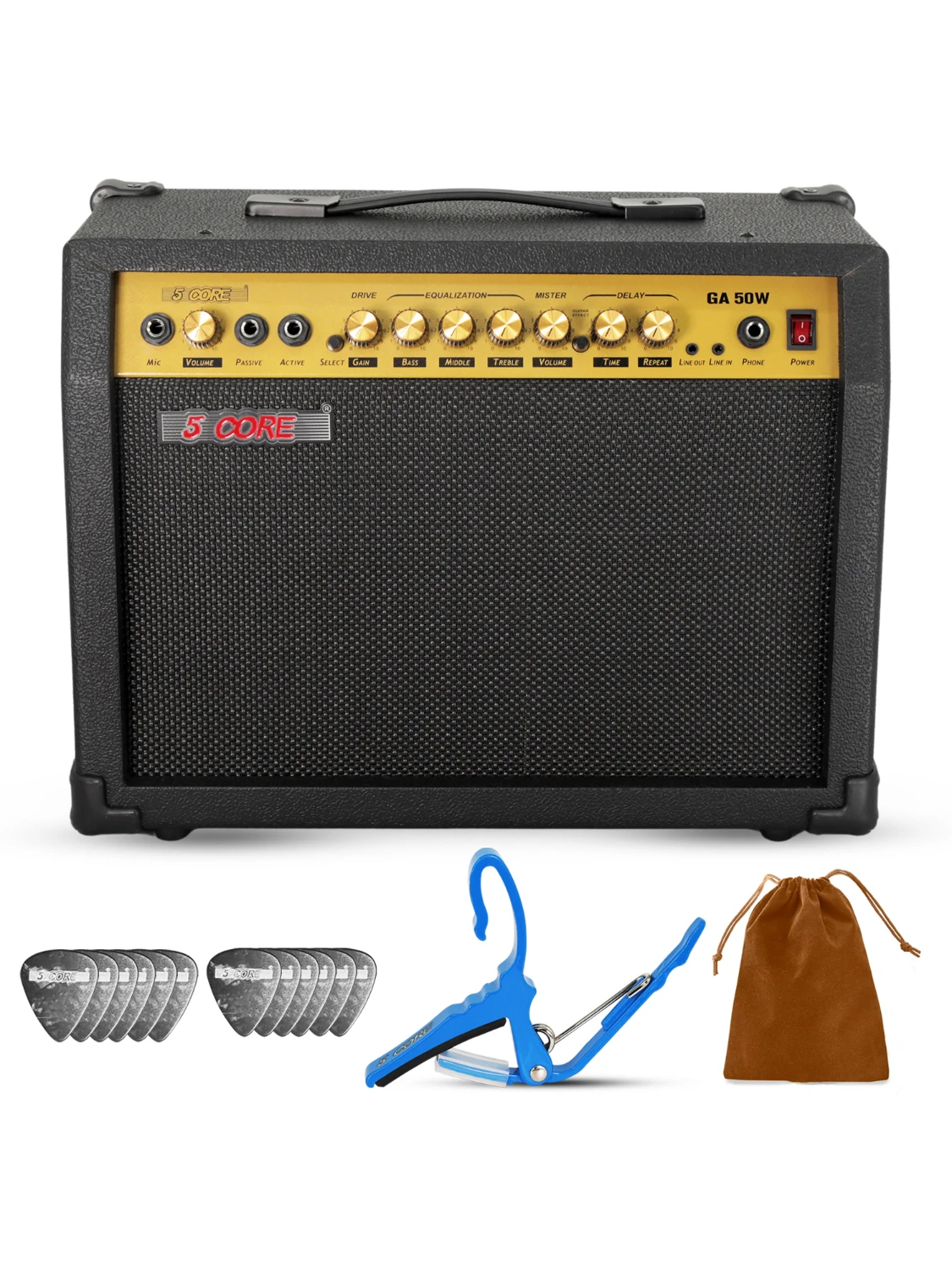 

5 Core Guitar Amp 50 Watt Electric Amplifier w Built in 8" Speaker Portable Mini Amps w Aux GA 50W GLD-BLK