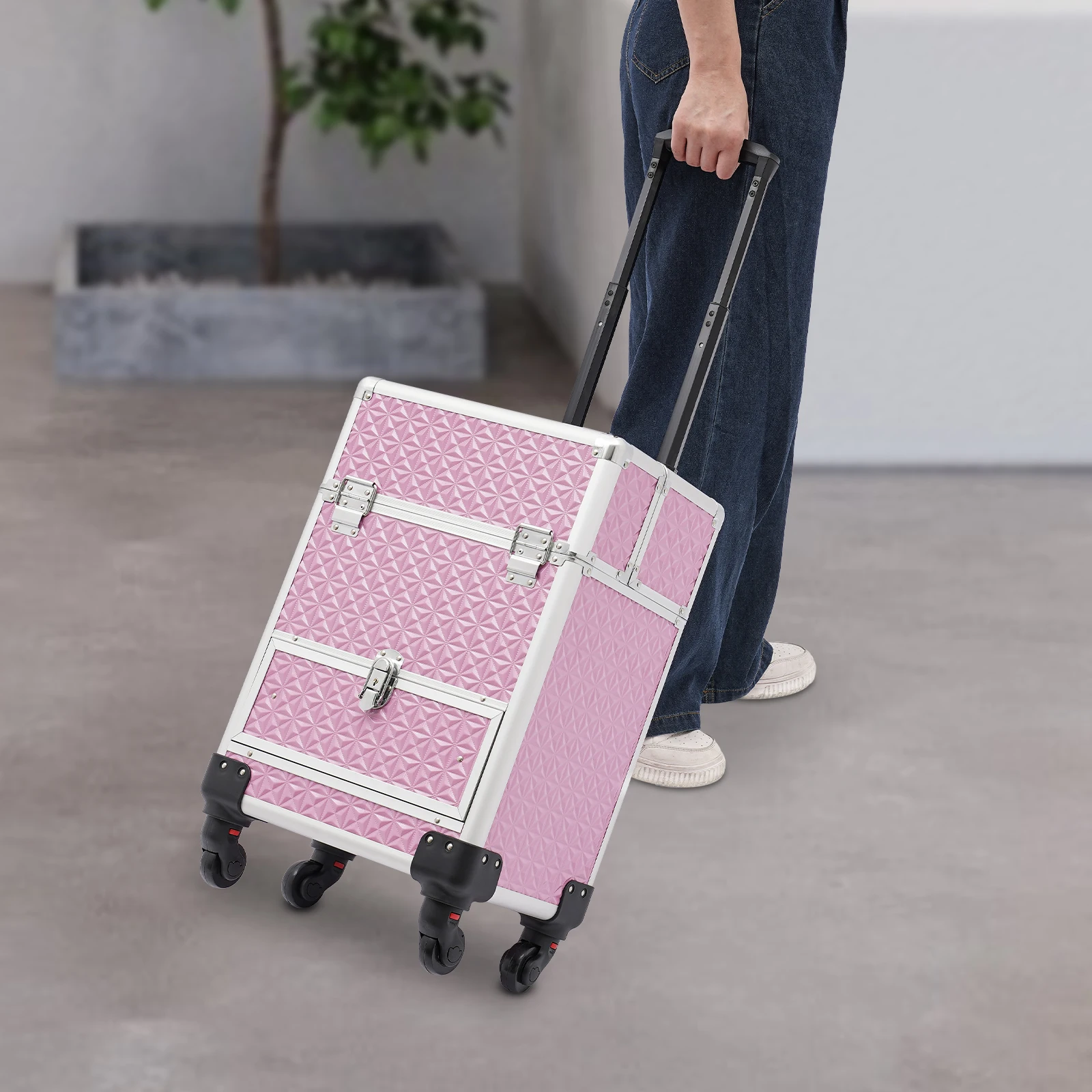 Makeup Train Case, Makeup Trolley with 7 Compartments and Smooth Drawer, Pink Nail Art Tattoo Hairdressing Storage Box, Gift