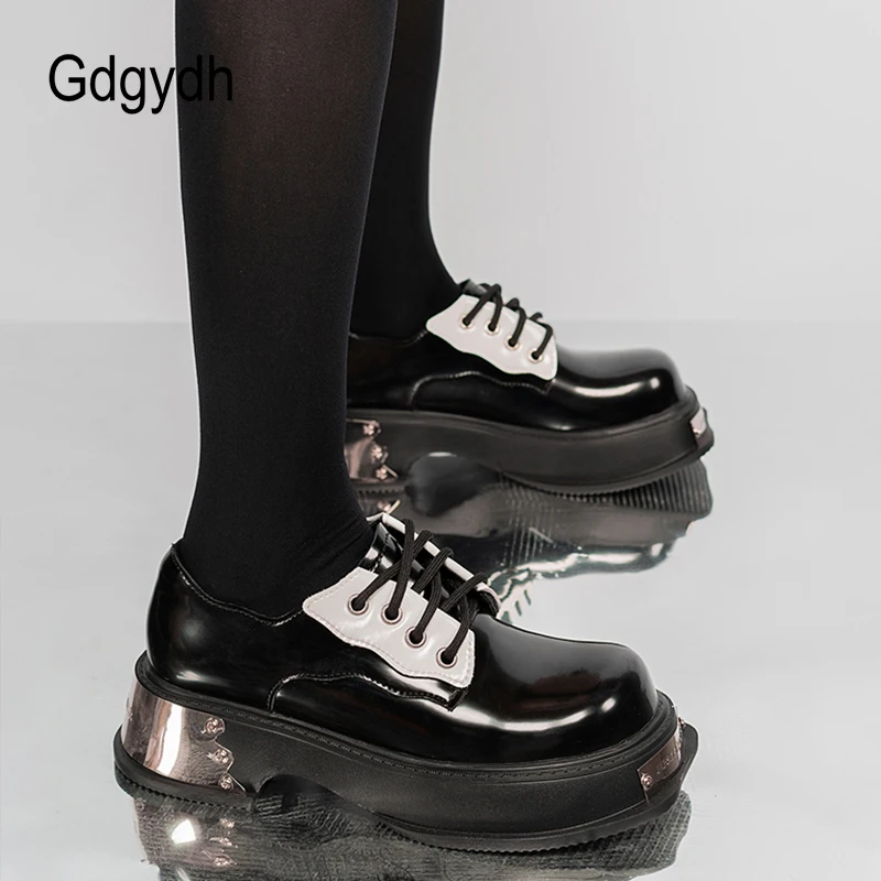 Gdgydh damskie buty Oxford platformy masywne obcasy metalowe zasznurowane brytyjskie buty Goth gumowe podeszwy Lady buty Derby czarne