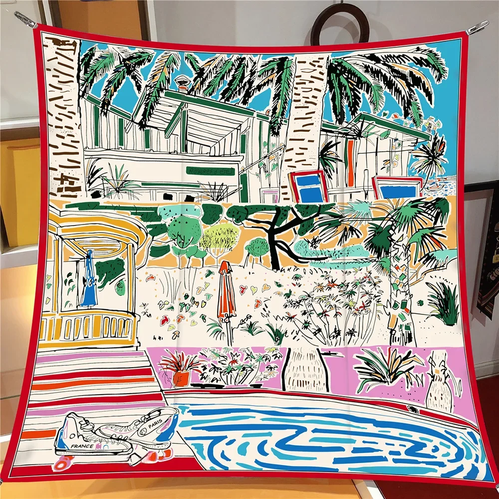 90x90 cm nouveau Design châle océan Villa imprimé foulard en soie foulards carrés dame enveloppes foulard femme cou châle enveloppes Echarpes