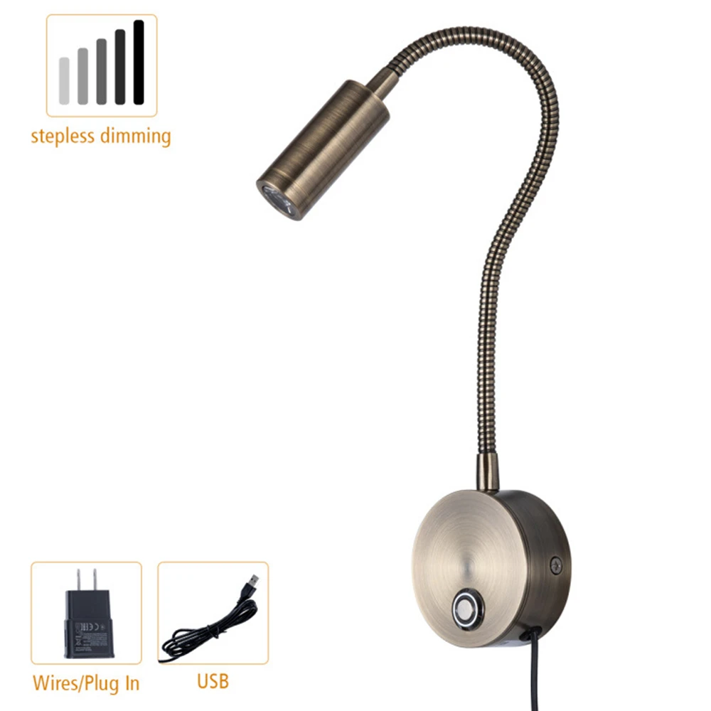 topoch bronze flexivel gooseneck lampada plug in cabo usb montagem em superficie arandela para cabeceira da cama cores escurecimento luz de leitura 01