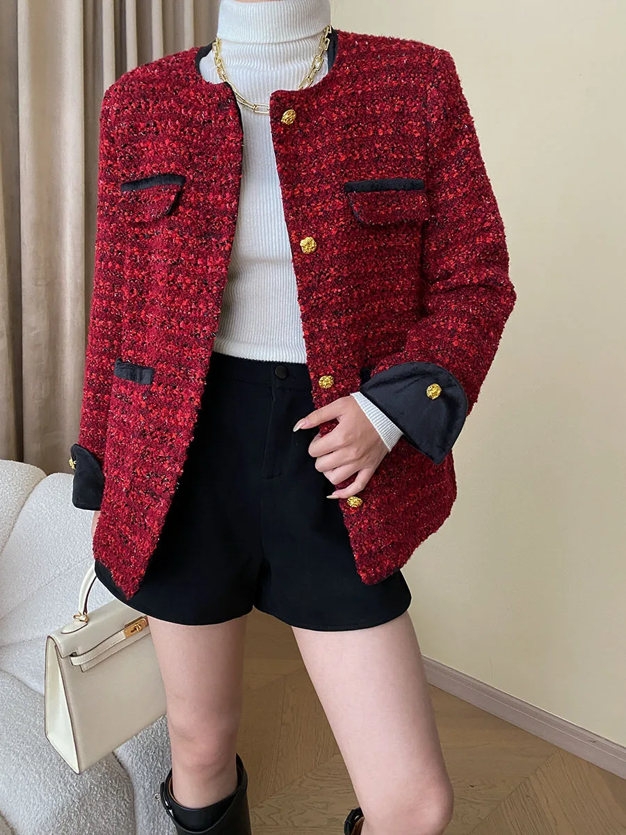 Autumn Winter Women's Mid Length Single Breasted Woolen Red Grey Coat High Quality Tweed Jackets