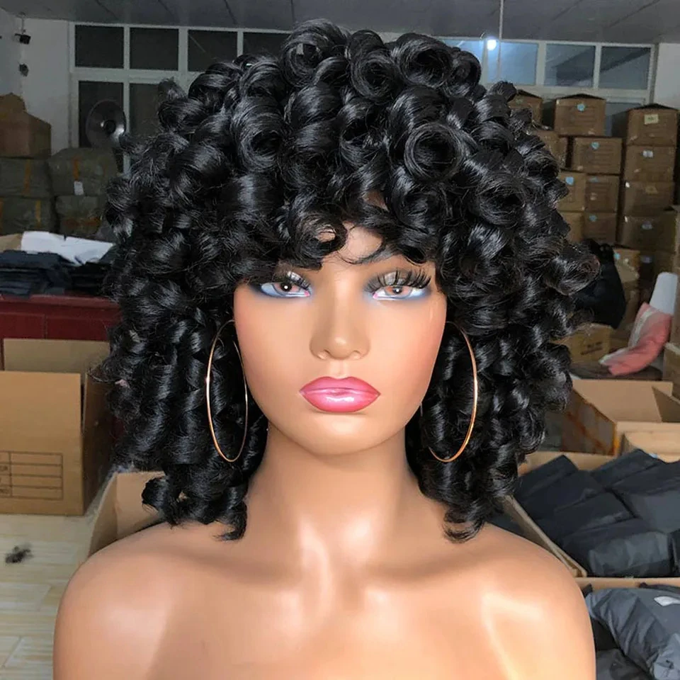 Aircabin Bob Wig Bouncy Curly Human Hair Wigs Afro Funmi Curly Brazilian Hair Pixie Cut Cheap Wig Machine Made Wig With Bangs