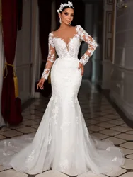 Boho O-neck Long Sleeves Mermaid Wedding Dress Appliques Button Back Detachable Train Trumpet Bridal Gown Vestido De Novia