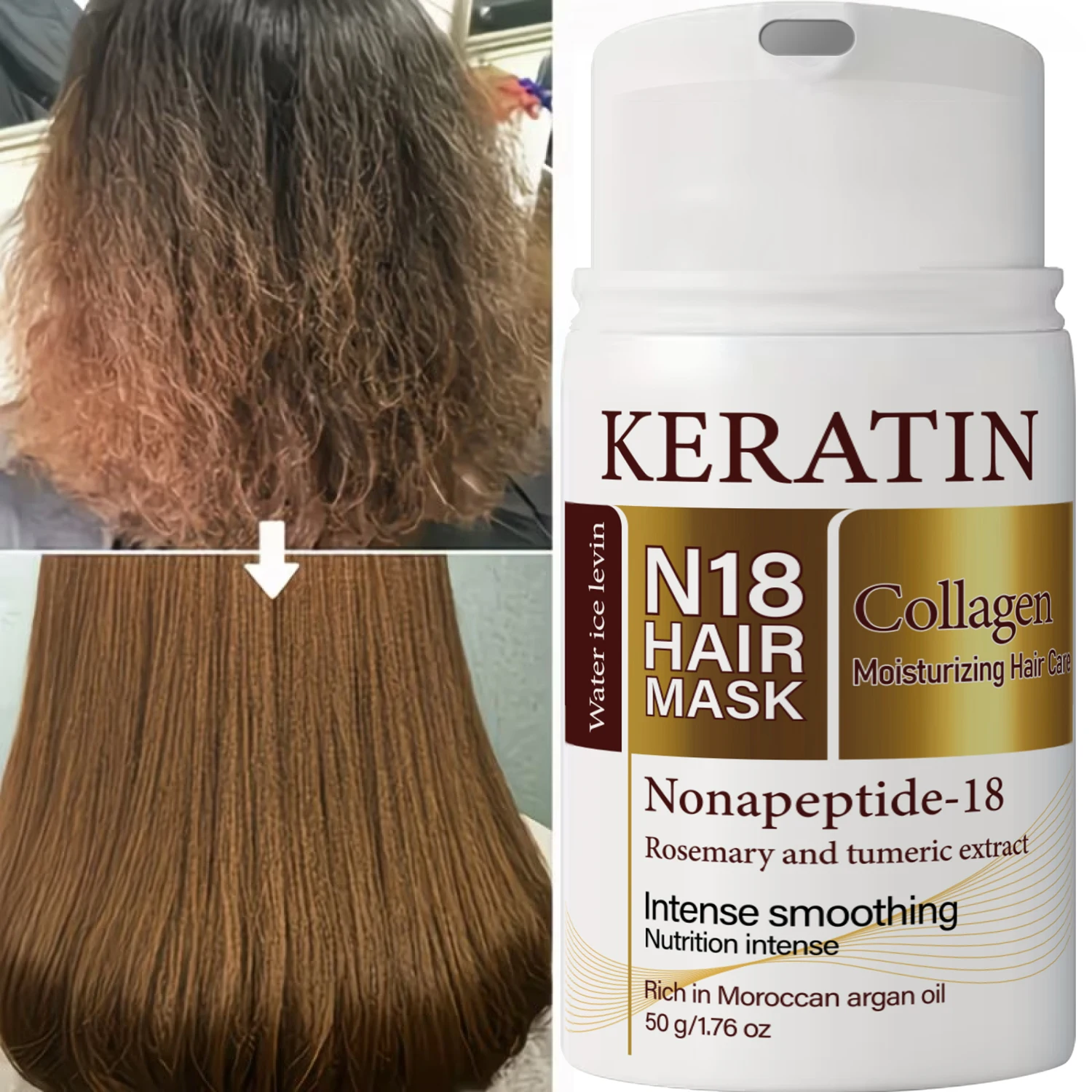 Mascarilla Capilar Water Ice Levin N18 Nonapeptide-18 con Queratina, Colágeno y Aceite de Argán para Hidratar, Reparar y Tratar el Cabello Seco, Encrespado y Dañado, 50g