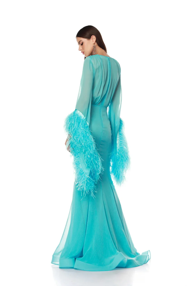 Jessica Sexy col en V profond robes de soirée à la main de luxe à manches longues plumes robes de bal bleu ciel robes de soirée personnalisées