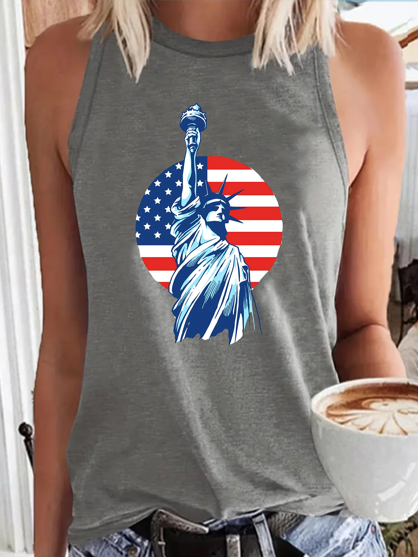 Statue of Liberty Fashion Funny Sports Women's Tank Top Loose O Neck Sleeveless Casual Tank Top