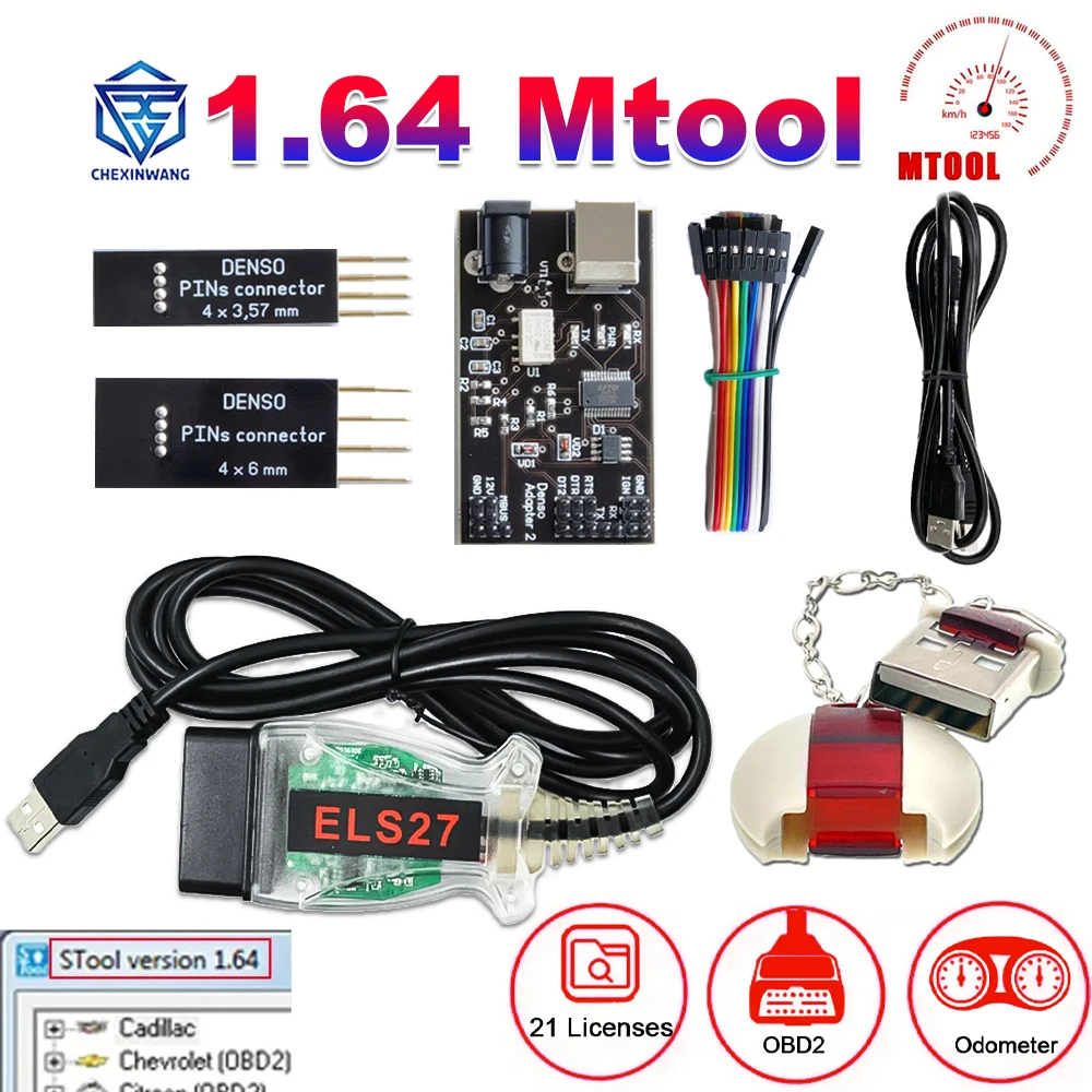 MTool V1.64 Rollback Programmer Mileage KM Adjustment Software Dongle Denso Pin Denso Adapter Wire Cable Mileage Correction Tool