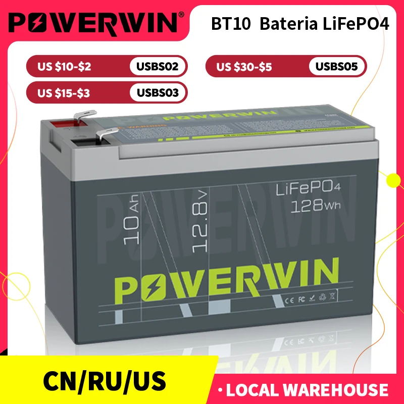 

POWERWIN BT100 12.8V 128Wh 4000+ Cycles LiFePO4 Battery for Marine, RV, Solar Energy Storage with Built-in Battery BMS