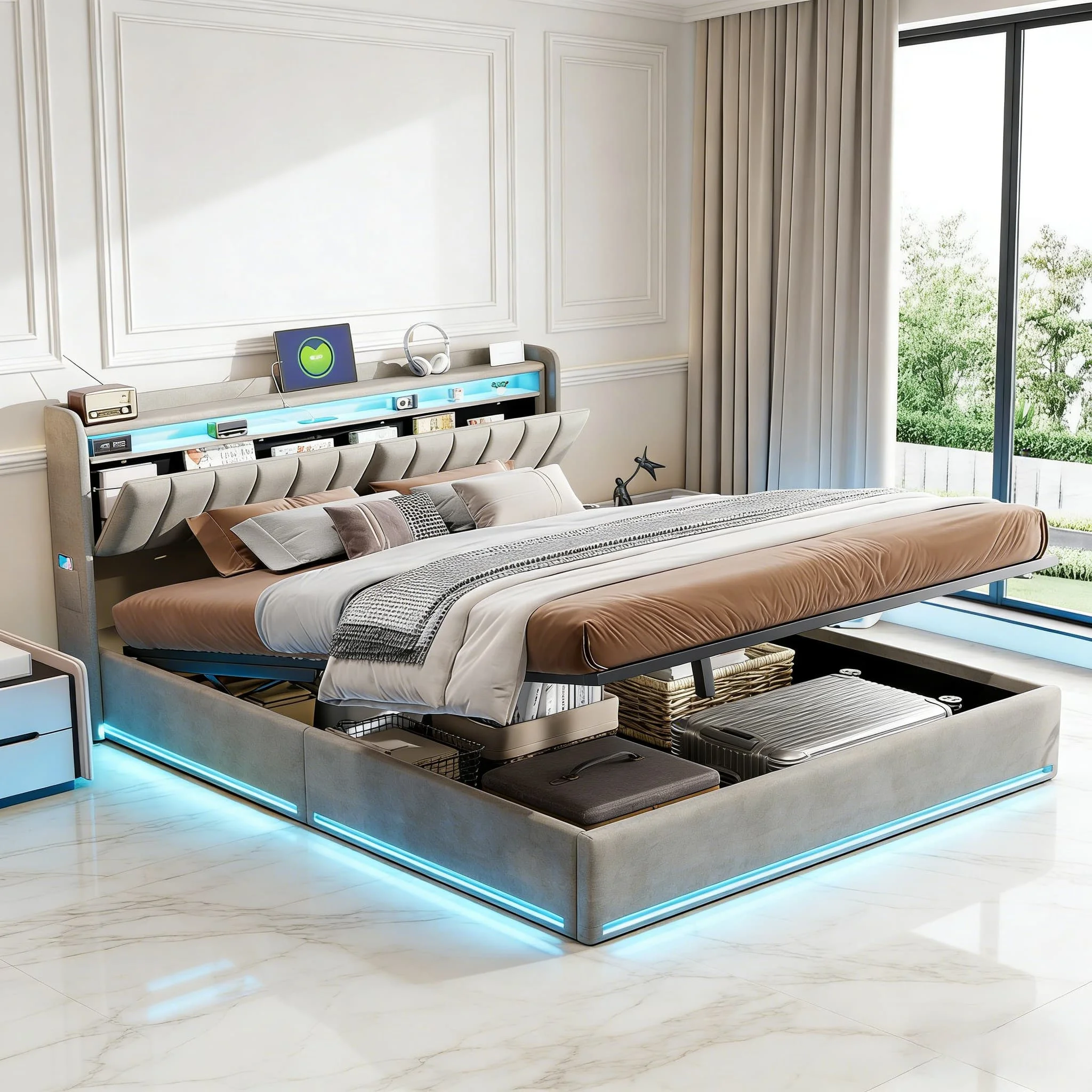 MGMYM Lit coffre 140x200 / 160x200 cm en velours gris avec LED RGB, tête de lit avec rangements et ports USB-C,Lit adulte