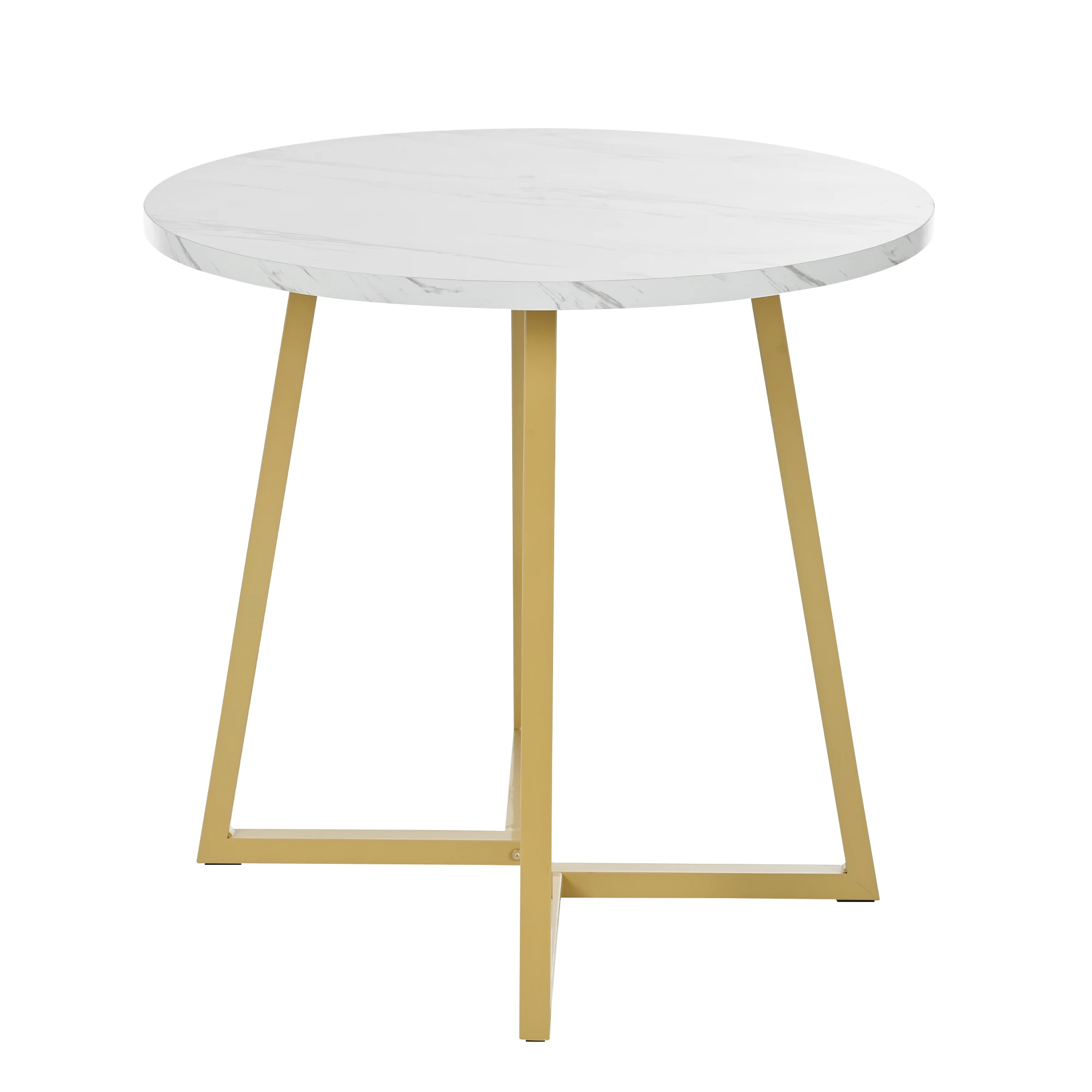 Tavolo da pranzo rotondo con piano effetto marmo bianco, Tavolo moderno con struttura in metallo dorato, Elegante tavolo per cucina soggiorno ufficio