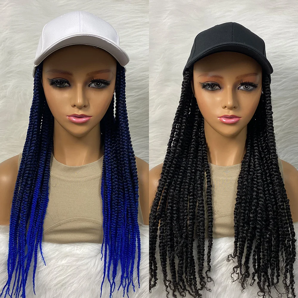 Pelucas trenzadas sintéticas baratas con gorra de béisbol, pelucas de caja de Color Natural para mujeres negras Afro, uso diario, sombrero blanco, 24 pulgadas