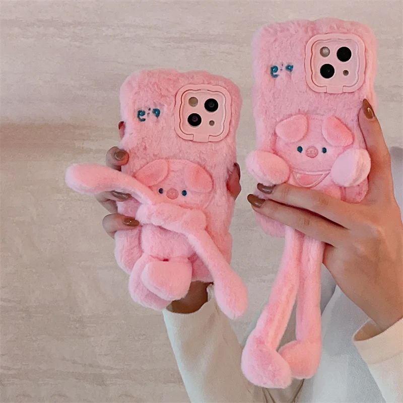 

Cute Plush Pink Pig Phone Case for iPhone Furry Cover Kawaii Stand Silicone Pink 12 13 14Pro 15Pro Max 16Pro