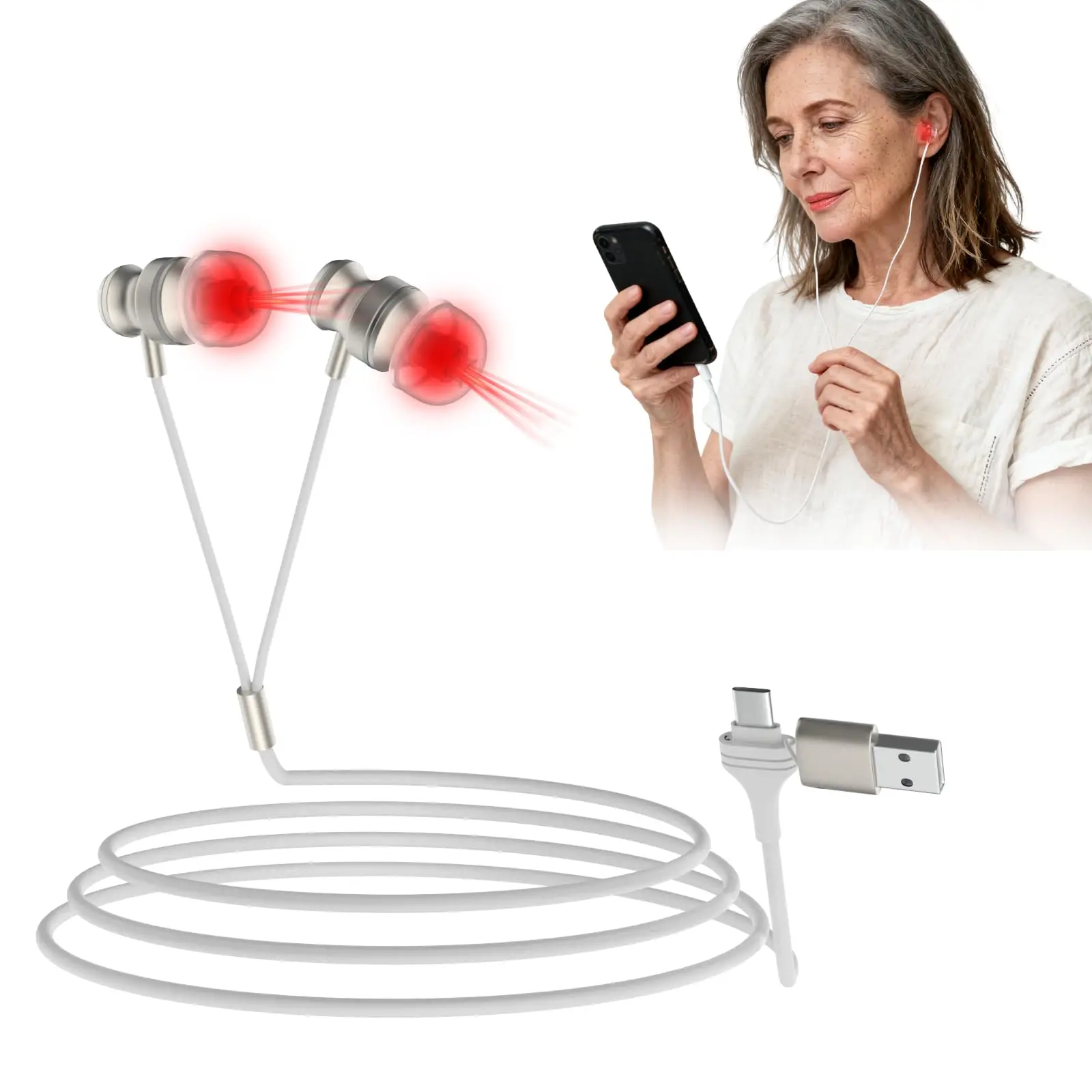 650nm Red Light Therapy for Ears Tinnitus Relief Device Ear Laser Treatment Infrared Physiological Therapy for Otitis Media Earache Pain Relief Meniere's Disease Health Care Hearing Protection Device Type C USB Powered Ear Plugs for Auditory Care