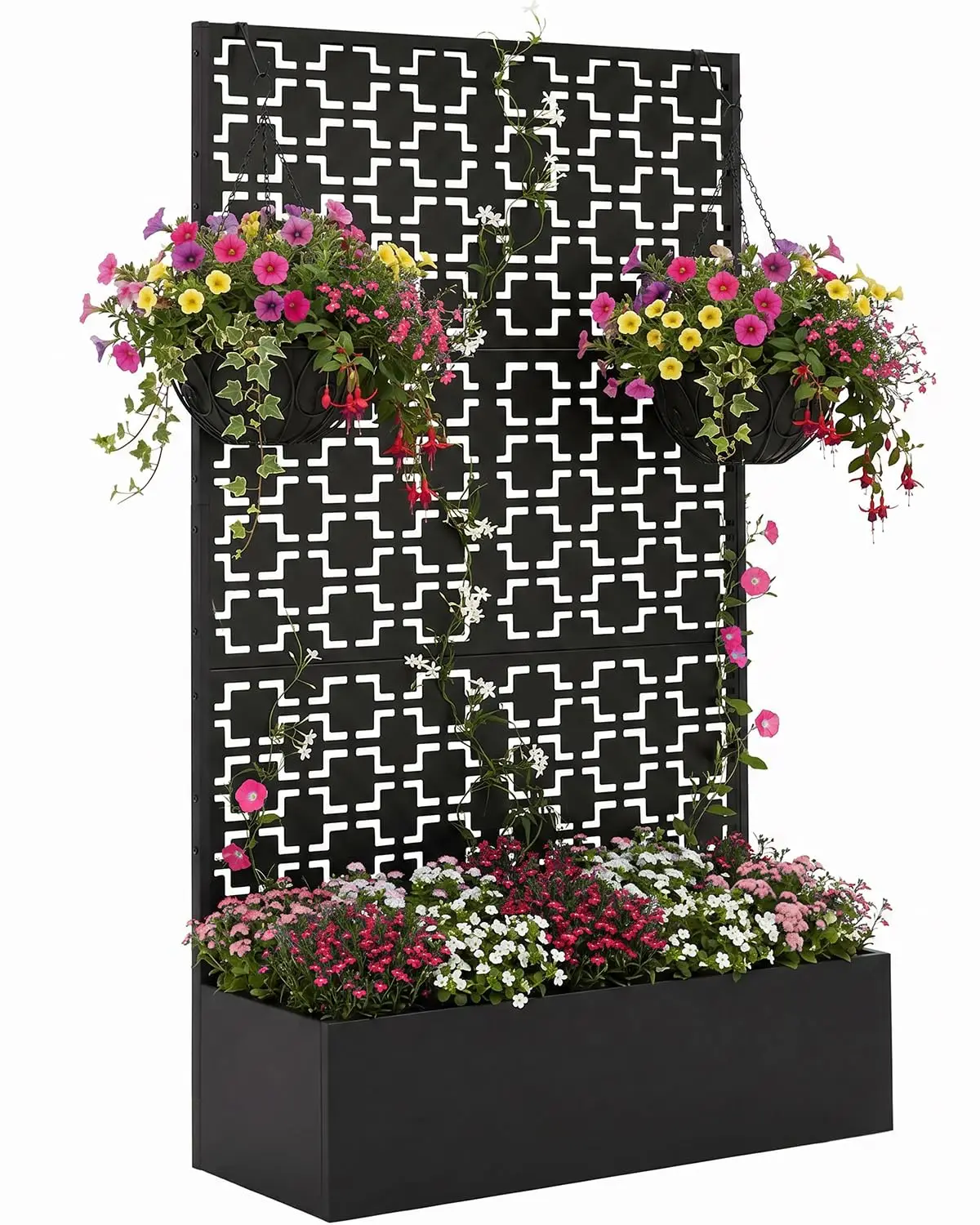 Bac de plantation en métal de 70,86 pouces avec écran d'intimité en treillis géométrique, jardinière surélevée d'extérieur autoportante avec trous de drainage et crochets pour paniers suspendus, montage facile à faire soi-même, idéal pour patio, jardin et balcon.